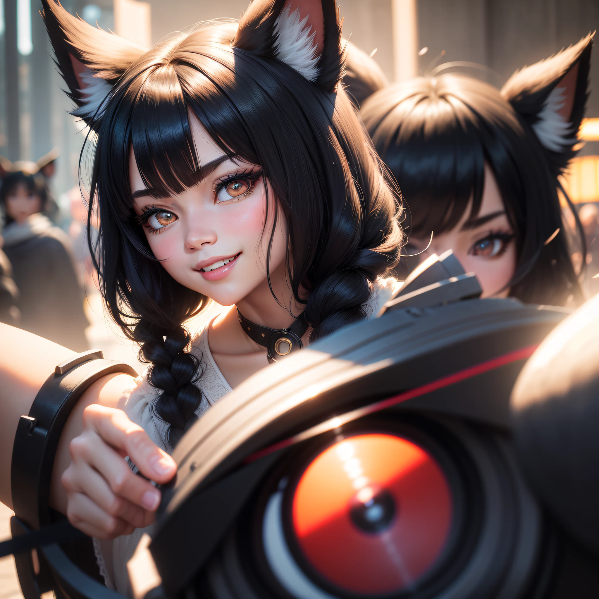 black hair, hair bobbles, wince, longeyelashes, solid circle eyes, fake animal ears, light smile, ear blush, fang, Surrealism, drop shadow, anaglyph, stereogram, tachi-e, pov, atmospheric perspective, ray tracing, god rays, 8k, super detail, ccurate, best quality