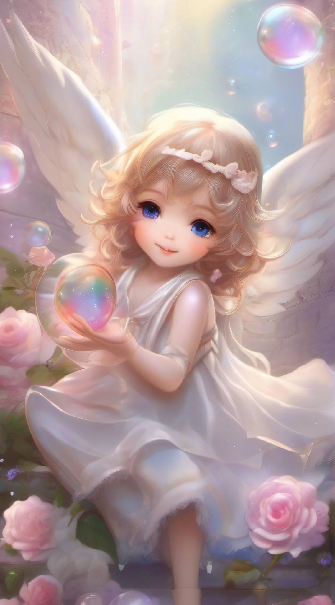 Cute Angel、Cute smile、Rosa、shimmer、beautidful eyes、stele、Happy smile、delight、A delightful、optic、shimmer、glad、kawaii art、Soap bubbles with twinkling light