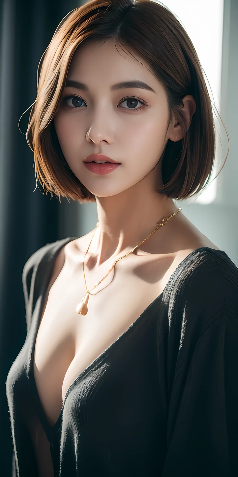 top-quality、realisitic、Photorealsitic、Award-winning illustrations、(intricate detailes:1.2)、(delicate detail)、(intricate detailes)、(Cinematic Lights、best quality backlight)、Clear lines、Sharp focus、Official Art、unity 8k wall paper、absurderes、incredibly absurdness、huge filesize、ultra-detailliert、hight resolution、ighly detailed、extremely delicate and beautiful、RAW Photography、profetional lighting、Dynamic lighting、lighting on the face、depth of fields、solofocus、full bodyesbian、long legged、big breasts thin waist、A slender、26-year-old woman、(Brown hair:1.2)、Brown eyes、undersized head、Fashionable girl、beautidful eyes、(middlebreast:1.2、small areolas)、Cute angel face、real face、Skin、lifelike face、real looking skin、A detailed eye、detailed facial features、detailed clothes features、(Fashion clothes:1.3)、(Fashion hairstyles: 1.3) 、(short-hair:1.3)、Dynamic poses、Gaze towards the viewer、simple background、a smile、A detailed face、Detailed chest、a necklace、耳环、( pureerosface_v1:0.53), (ulzzang-6500:0.33), lightroom, nsfw