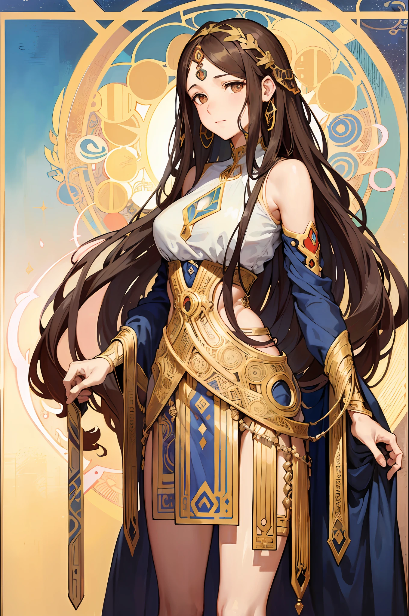 Portrait of the face of an Israeli woman、Curly Long Hair、Brown hair、Armament Frame、Decorative panel、abstract art、By Alphonse Mucha (masterpiece、top-quality、hight resolution: 1.4)、detaileds、intricate-detail、4K、color splashes、line-drawing、Fibonacci、
