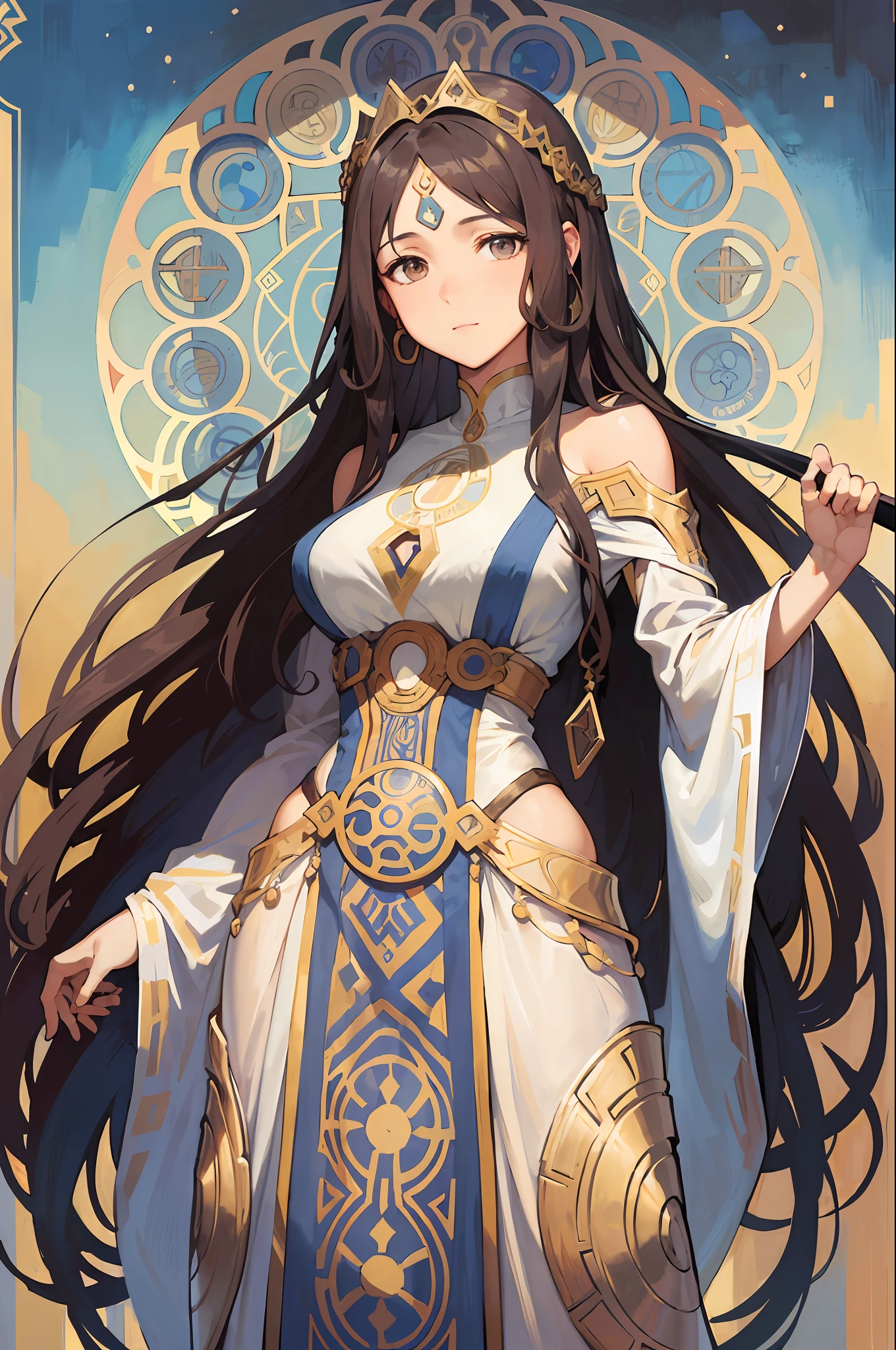 Portrait of the face of an Israeli woman、Curly Long Hair、Brown hair、Armament Frame、Decorative panel、abstract  art、By Alphonse Mucha (​masterpiece、top-quality、hight resolution: 1.4)、detaileds、intricate-detail、4K、color splashes、line-drawing、Fibonacci、