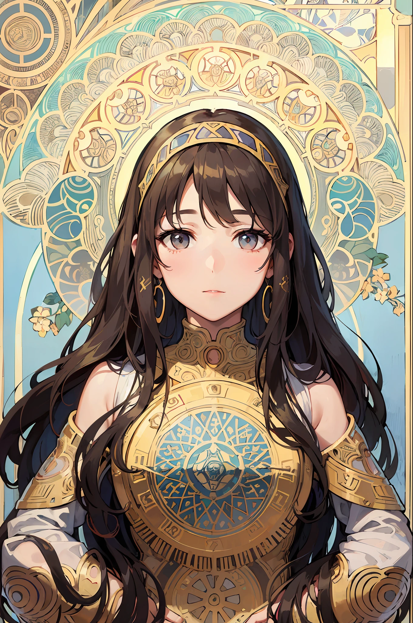 Portrait of the face of an Israeli woman、Curly Long Hair、Brown hair、Armament Frame、Decorative panel、abstract art、By Alphonse Mucha (masterpiece、top-quality、hight resolution: 1.4)、detaileds、intricate-detail、4K、color splashes、line-drawing、Fibonacci、