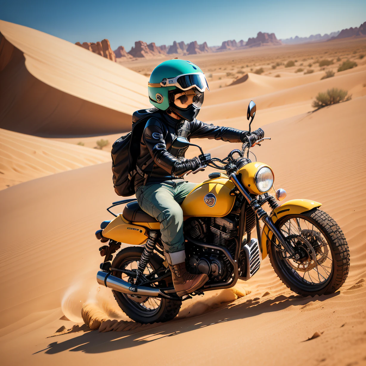 Cute cartoon boy riding motorcycle in desert,With a cool helmet and goggles,Drive far away,Endless desert,The wind and sand are flying,Lovely and determined to move forward