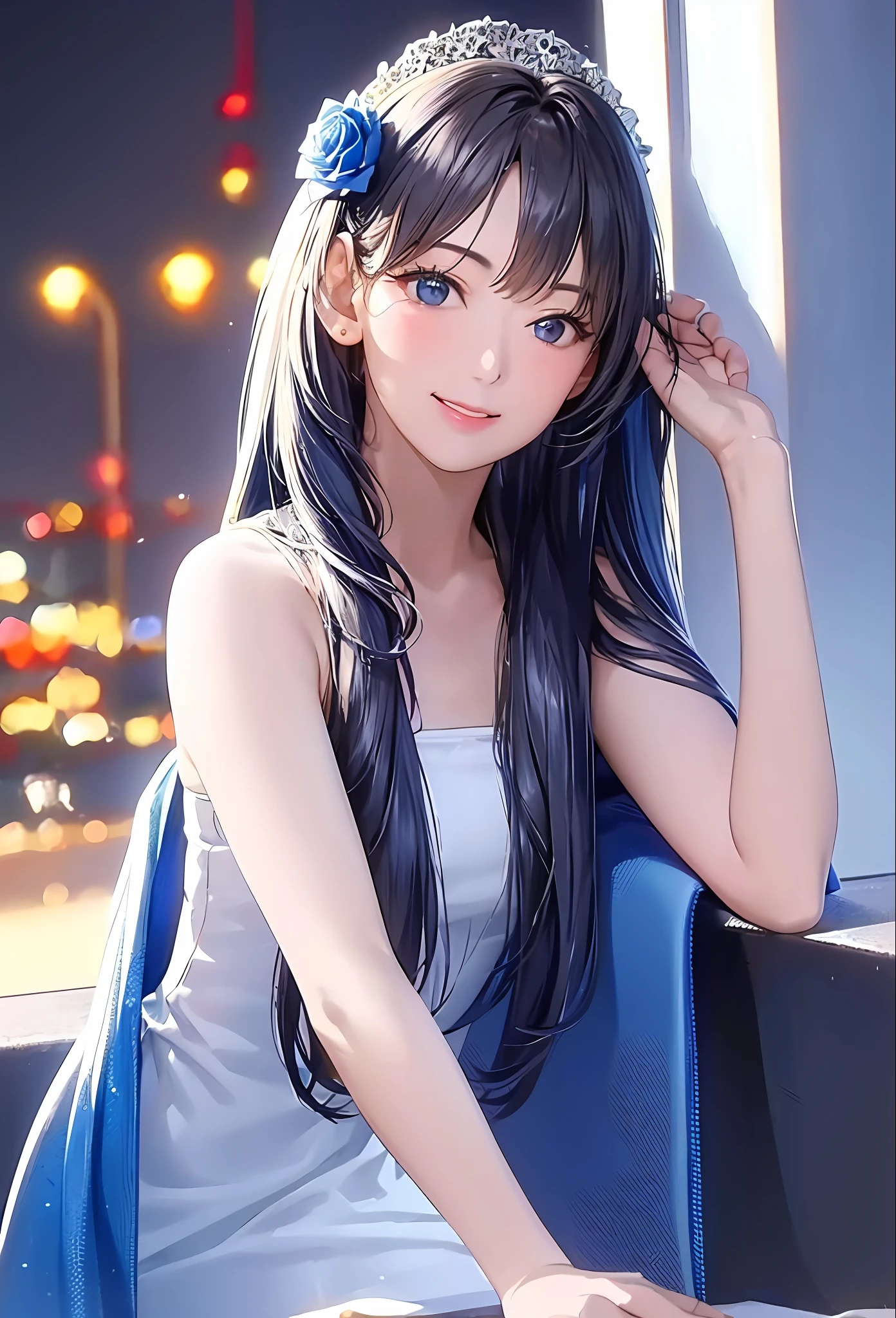 (8k, top quality, masterpiece: 1.2), (realistic, photorealistic: 1.37), super detailed, girl alone, cute, solo, midnight, beautiful detailed sky, detailed café, sitting, dating, (blush), (smile: 1.15), small breasts (mouth closed), beautiful fine eyes, floating hair NovaFrogStyle, back open dress, blue rose accessories, Blue rose background