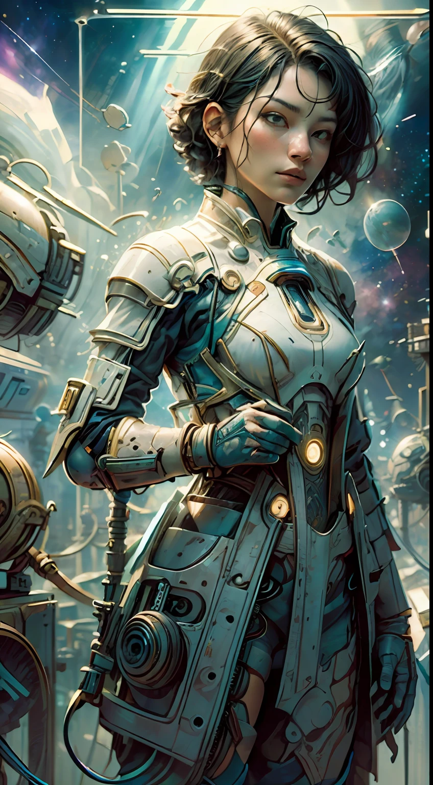 1 monk warrior girl with white tech suit clothes，with short black hair，Planting，sapling，Space plants，Glass cover，laces，abstract vintage scifi background，art by Moebius，Ashley Wood's art,