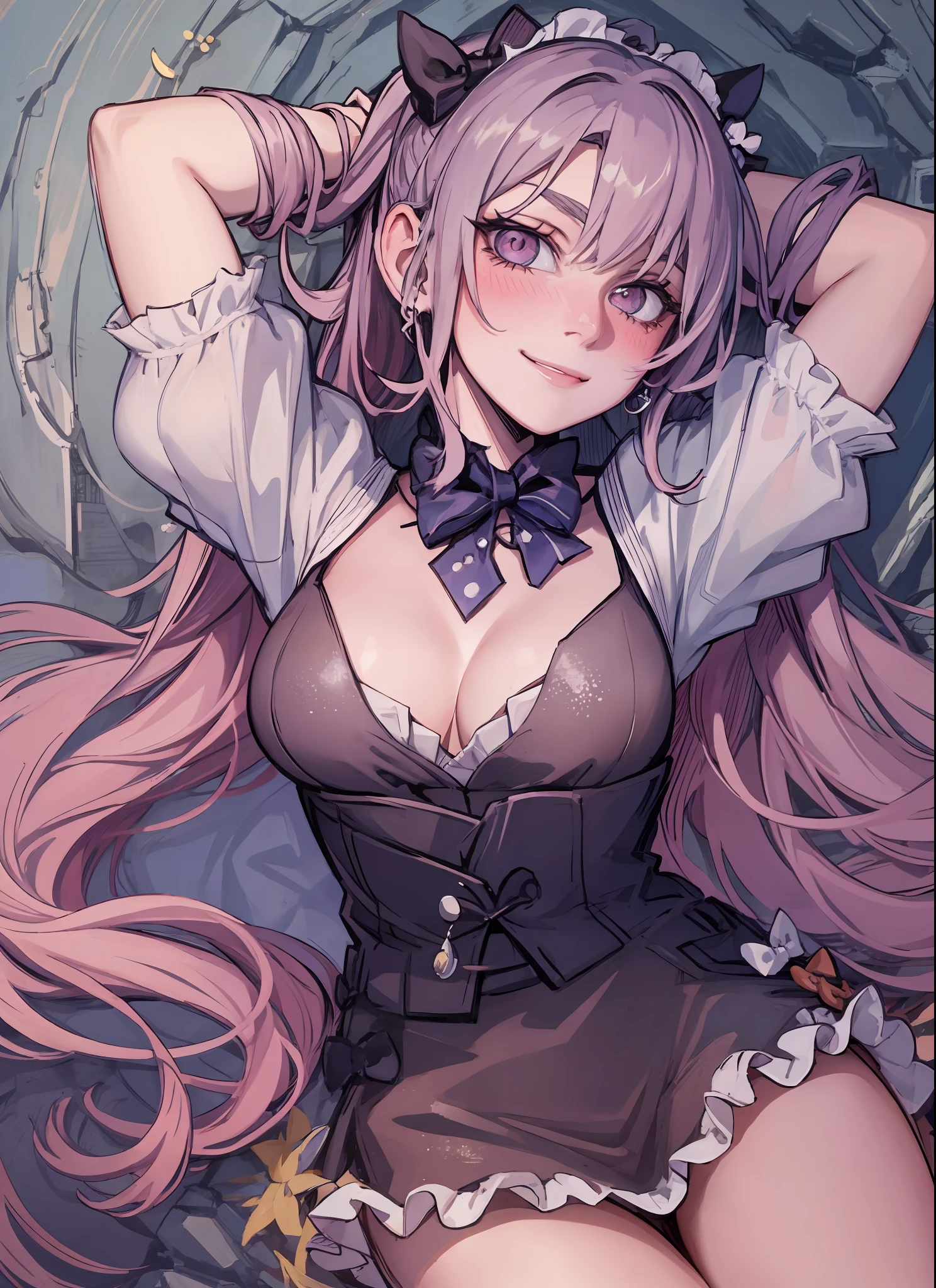 (masterpiece, best quality:1.2), (solo), (1girl), best quality, (photorealistic:1.4),ultra detailed, solo, (full body:1.5), looking at viewer, cave, arms up, keqing (genshin impact), love in eyes, double ponytail, bow hairpins, blushing, smug, smile, drooling, rolling eyes, bow tie, maid outfit, long sleeves, miniskirt, large breasts