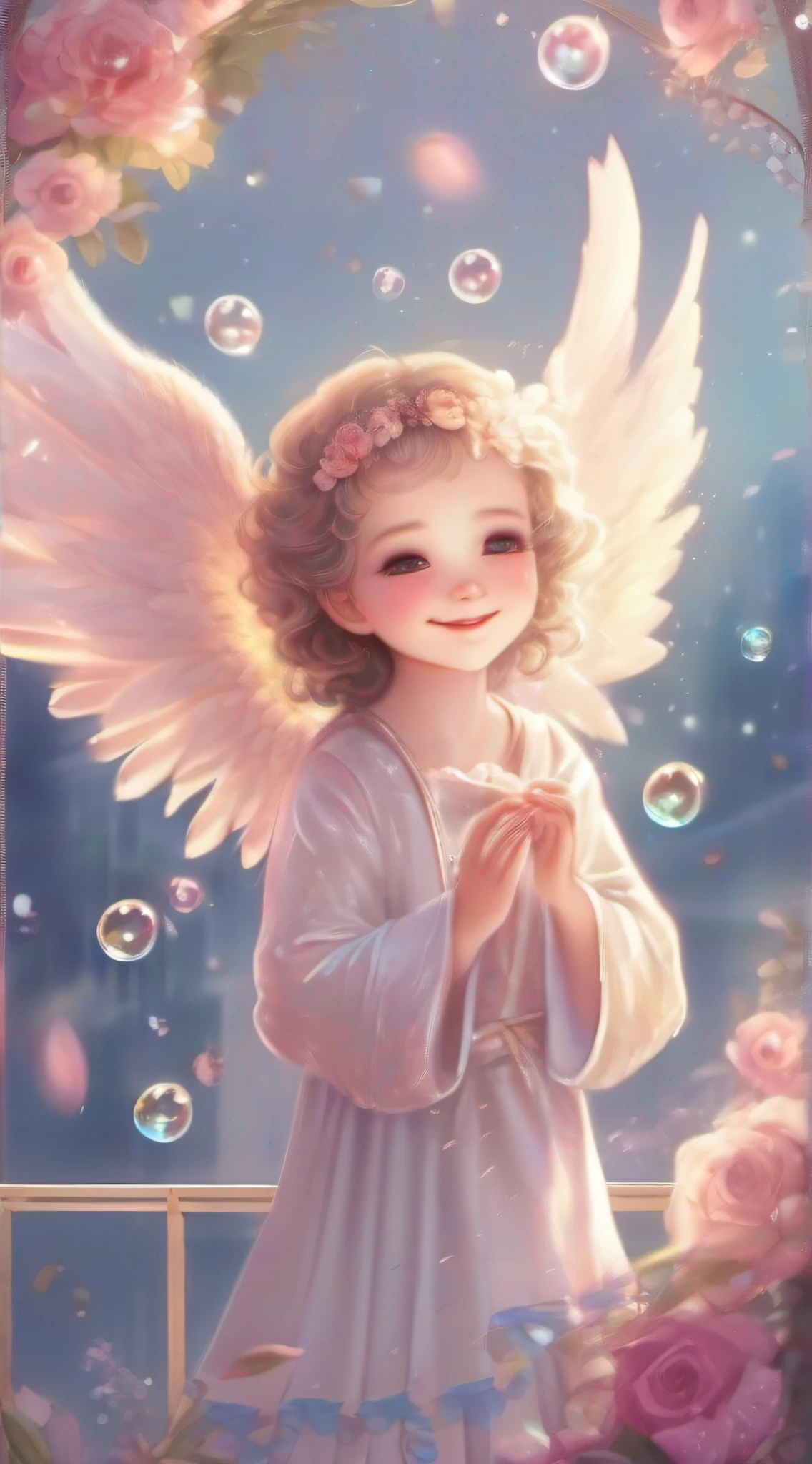 Cute Angel、Cute smile、Rosa、shimmer、beautidful eyes、stele、Happy smile、delight、A delightful、optic、shimmer、glad、kawaii art、Soap bubbles of light