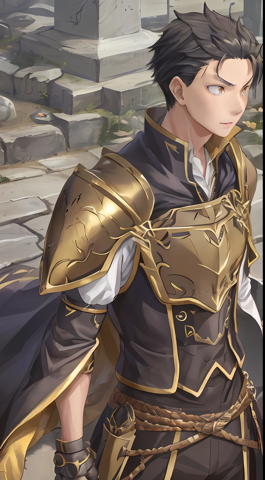 （1 Adult male），A high resolution， Sharp focus， Pixiv masterpiece， （（Complicated details））， highly  detailed， natsuki_subaru， 1 man， with her mouth open，drools，full bodyesbian， Golden eyes（eyes glowing）， with short black hair，Armour，cloaks，Shoulder armor，perspire，look from down