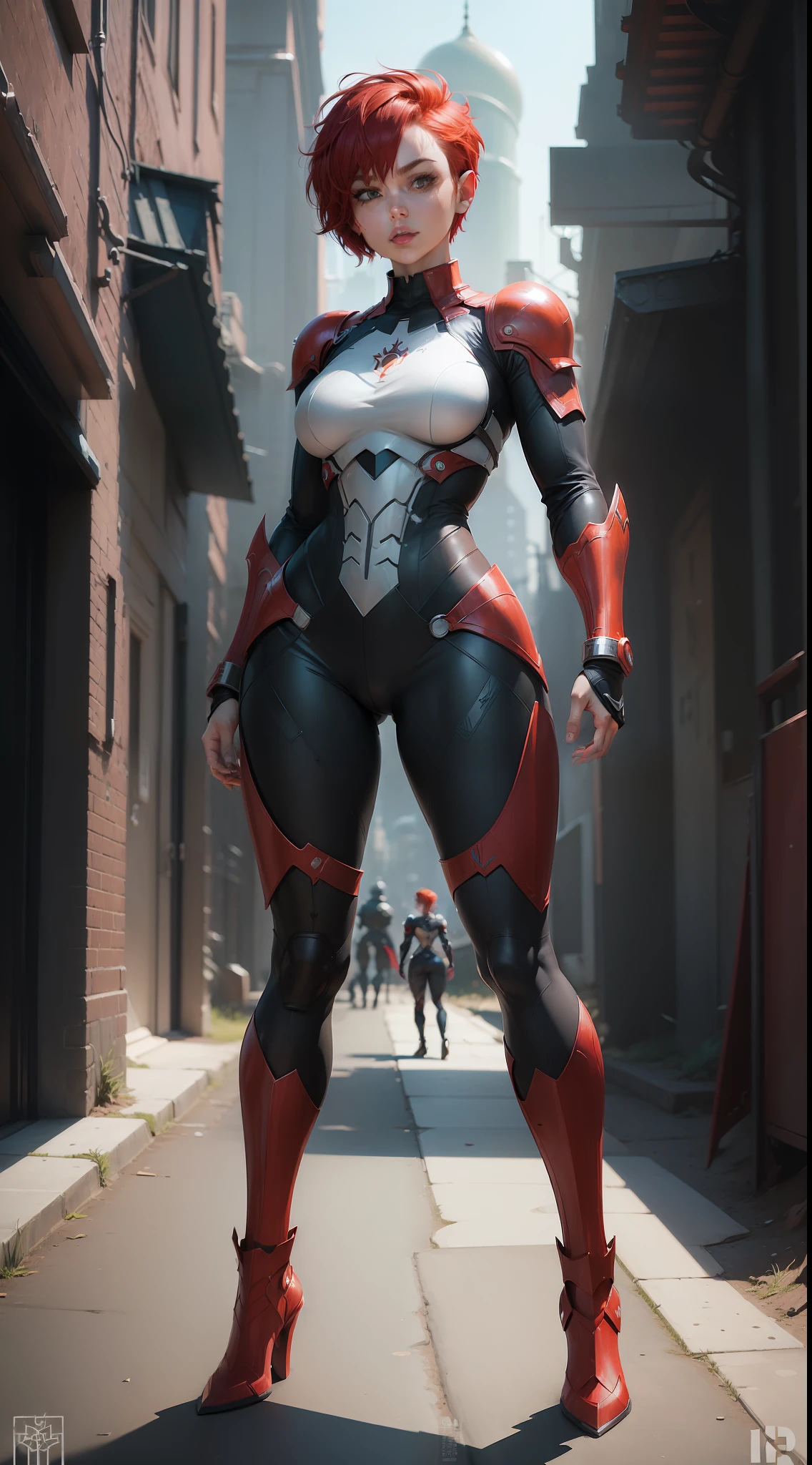 ((((Webtoon style)))), ((((Character description)))) girl in detailed futuristic steel armor, pixie short red hair, Russian, full body, casual pose], [Ultra mega hyper ripped muscles ]