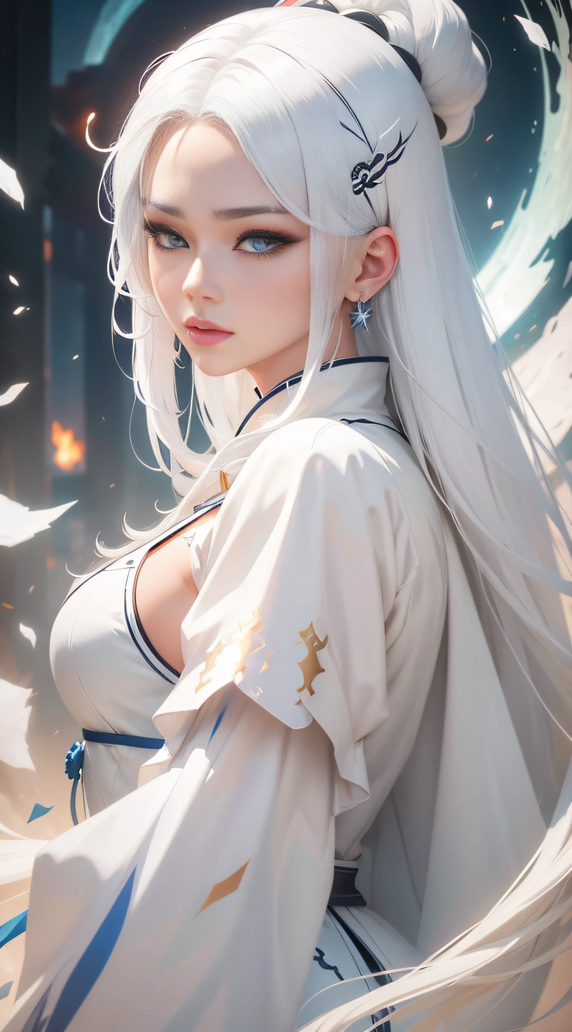 Close-up of a woman with white hair and a white mask，Belle peinture de personnage，Guviz，Guviz-style artwork，white-haired god，Yang J，Epic and beautiful character art，Stunning character art，FAN Qi，Wu Zhun Shifan，Guvitz at the Pixiv Art Station,dynamic action,dyna,（low  angle shot:1.2）