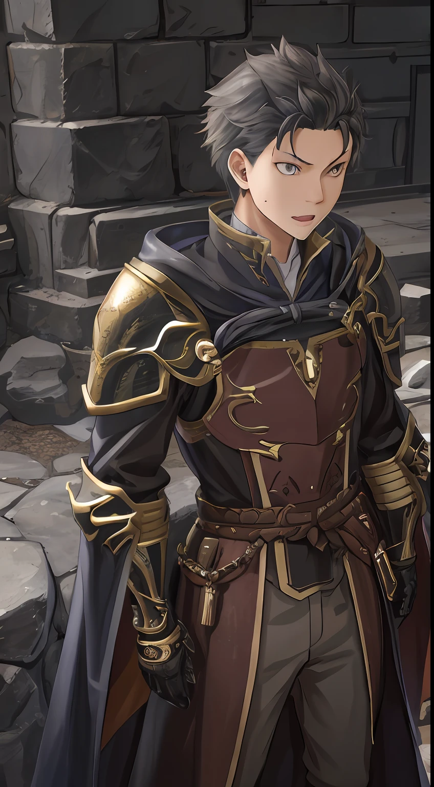 （1 Adult male），A high resolution， Sharp focus， Pixiv masterpiece， （（Complicated details））， highly  detailed， natsuki_subaru， 1 man， with her mouth open，drools，full bodyesbian， Golden eyes（eyes glowing）， with short black hair，Armour，cloaks，Shoulder armor，perspire，look from down