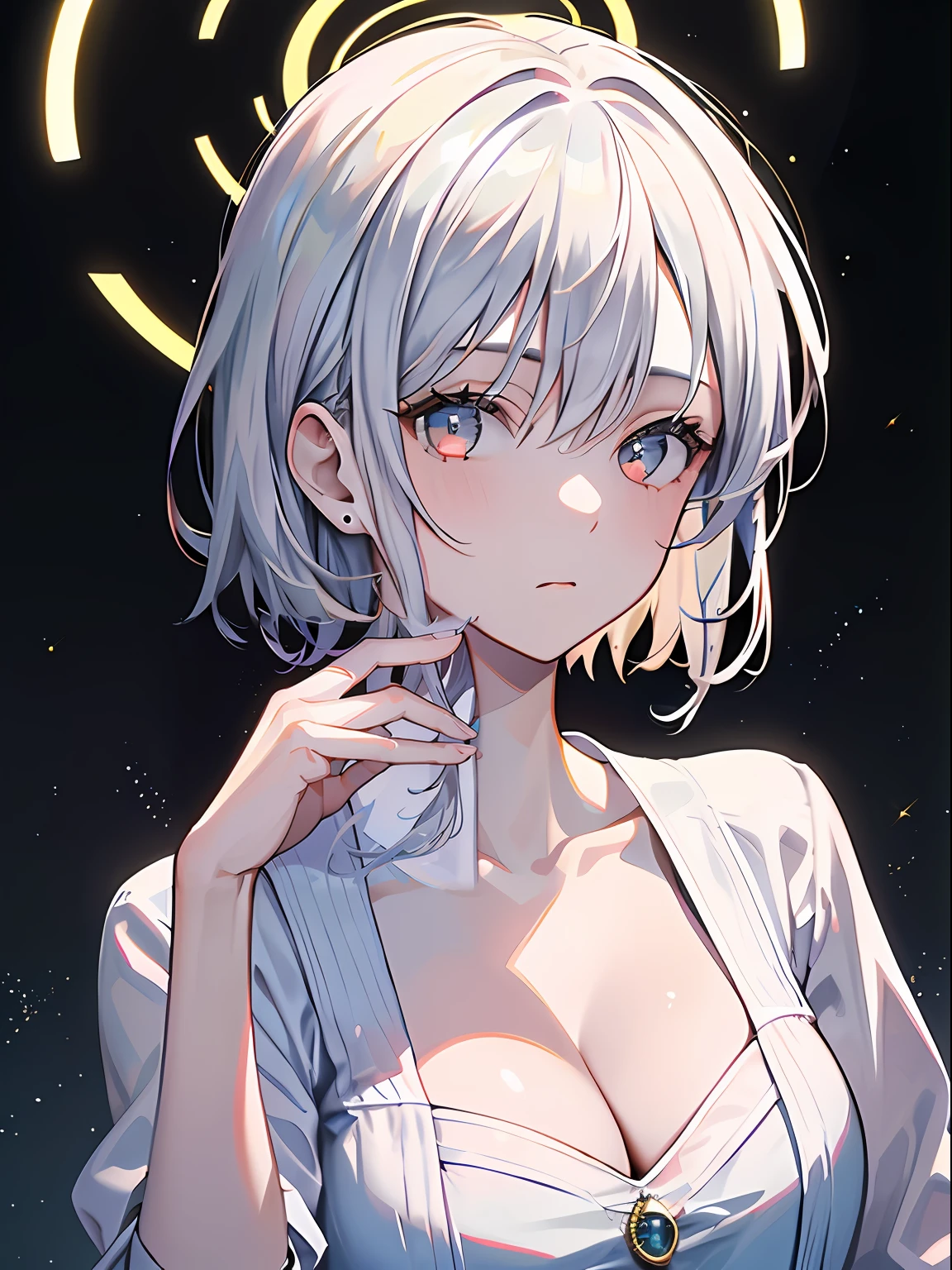 ((Best quality)), ((Masterpiece)), ((Realistic)), Portrait, 1girll, Celestial, deity, Goddess, Light particles, Halo, view the viewer, (Bio-luminescence:0.95) ,closeup cleavage,(((Cold))),(whiteeyes:1.3),(with short white hair),(glowingblackeyes),natta,((Newspaper background)),Close-up of the upper body,