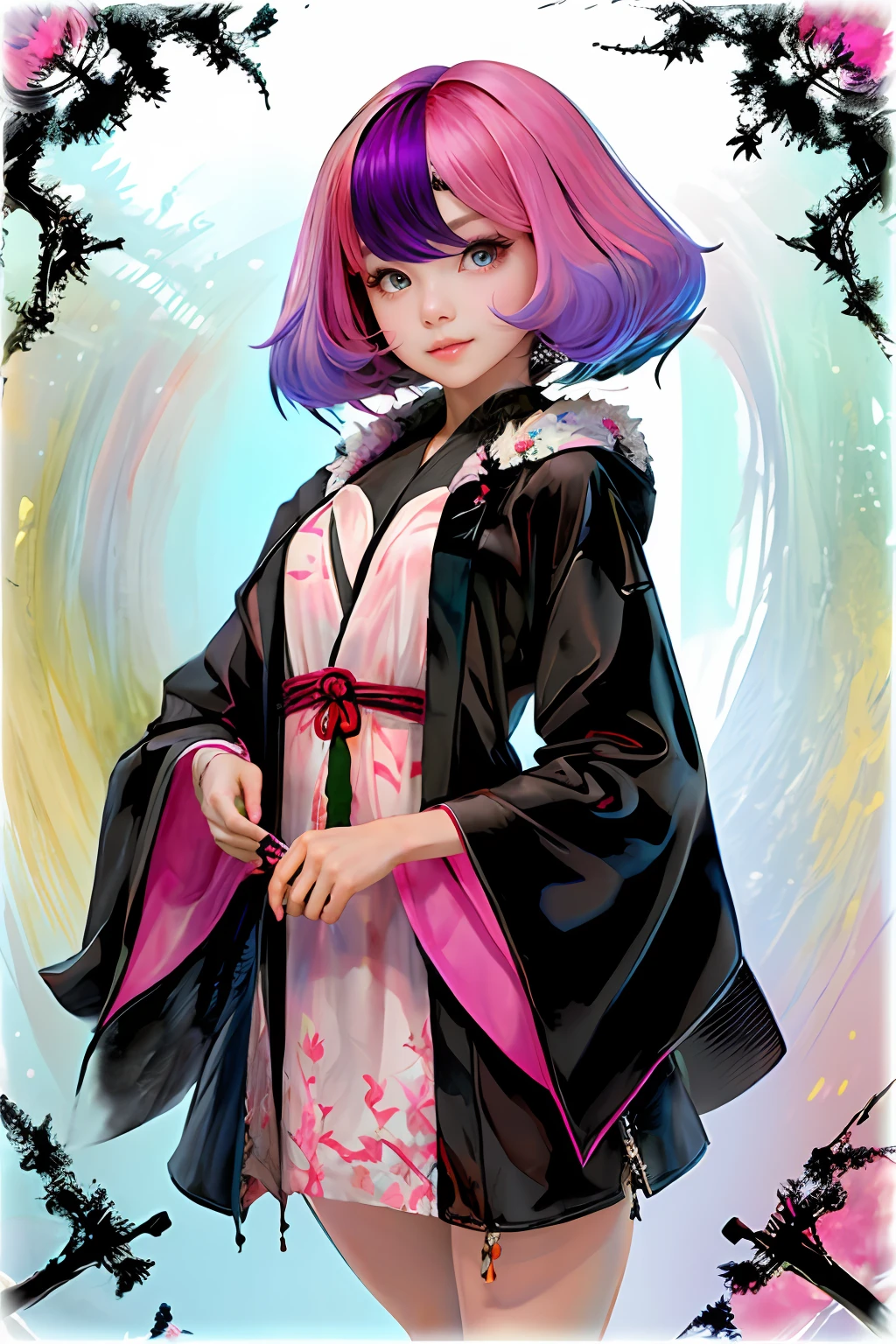 masterpiece、top-quality、hightquality、high detal、(Wearing a black robe)、Pink hair、full body Esbian、beautiful countenance、beautidful eyes、夏天、simple background、