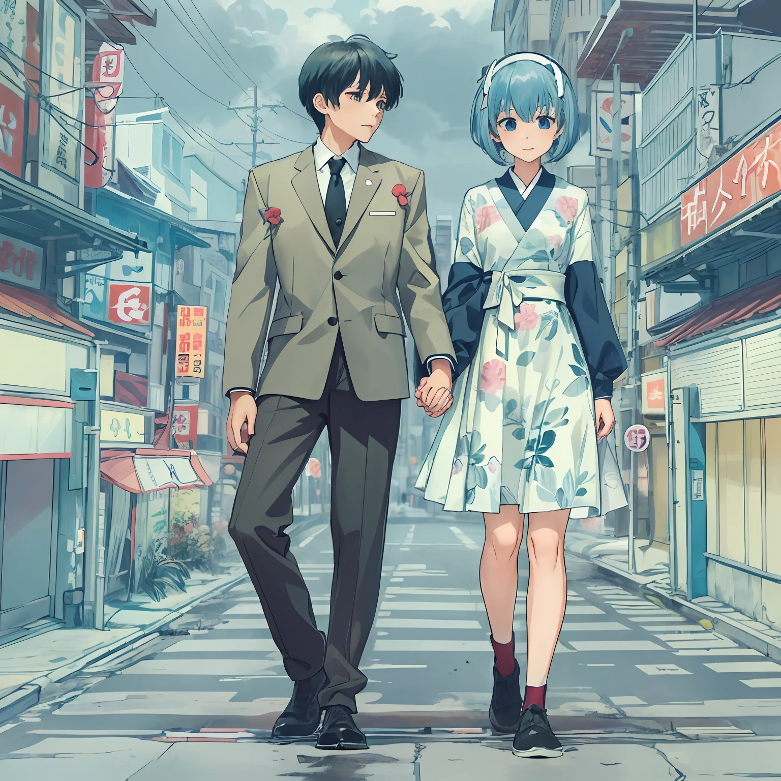 (校服),(japanse),Student Couple,Blue-haired Rei Ayanami,Black-haired Shinji Ikari,Couples without height difference,Scene of holding hands