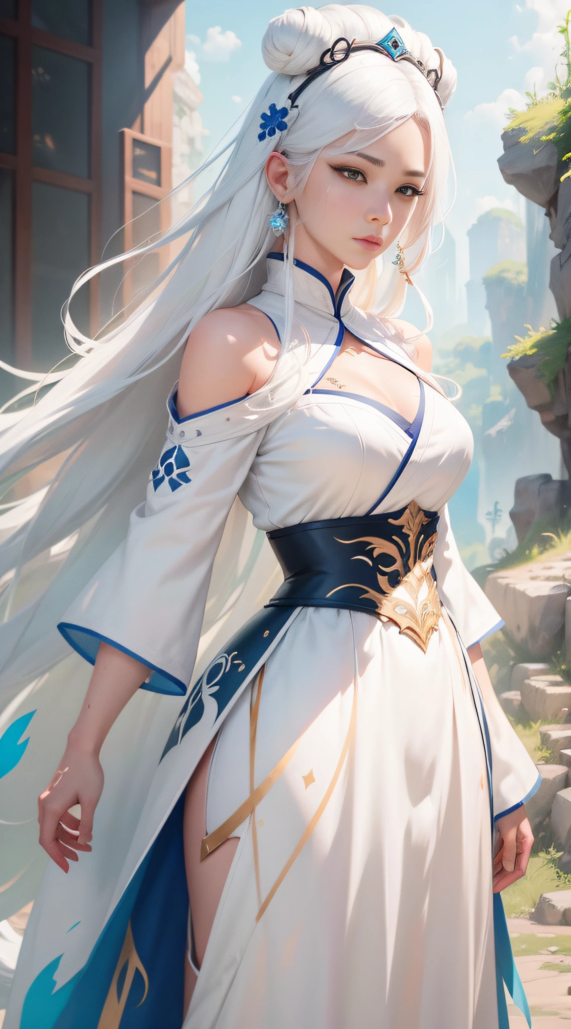 Close-up of a woman with white hair and a white mask,Belle peinture de personnage,Guviz,Guviz-style artwork,white-haired god,Yang J,Epic and beautiful character art,Stunning character art,FAN Qi,Wu Zhun Shifan,Guvitz at the Pixiv Art Station,dynamic action,dyna,Clothing texture details