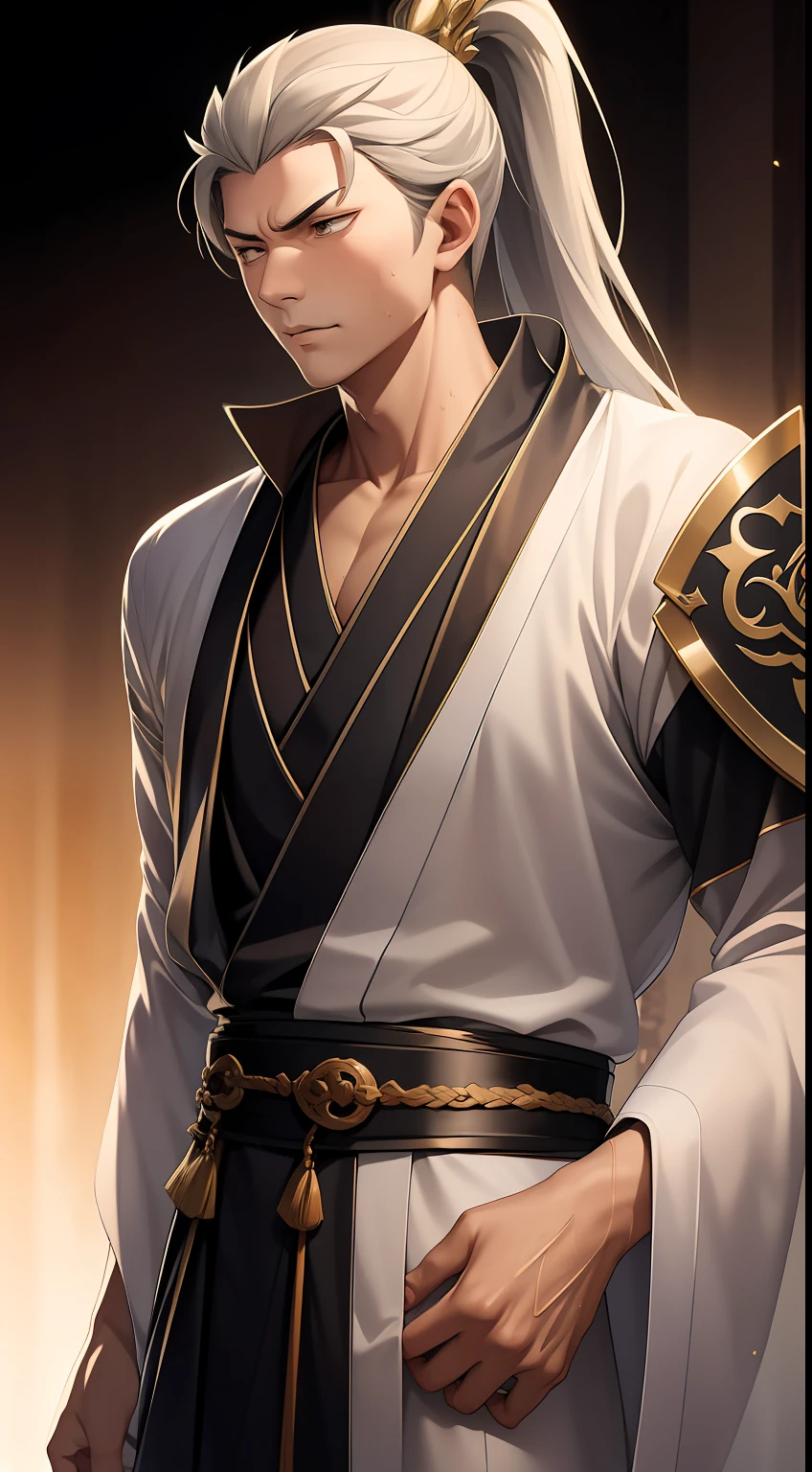 quadratic element,style of anime,mtu(Male Warrior),The proportions are correct,Face details,swordsmen,High ponytail hairstyle,Neck details,There is an Adam's apple,Black Hanfu,kaftan,Embroidered robes,Black robe,clothes details,Handing over,longer sleeves,Game quality,Swordsmanship,Light and shadow tracking,Ray traching,detailed glow,cg render,hair detail,long white hair,Black eyes,Handsome,Handsome,(juvenile sense),Clothing is complicated,Perfectcomposition,Refinement,high qulity,higher details,Lots of details,The background is complex,a sense of atmosphere,
