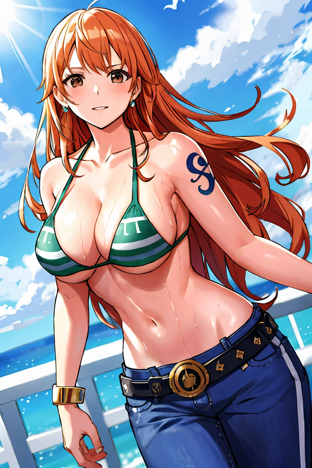 detailed background, masterpiece, 4k, best quality, late youth, adult, wrestler body, 1girl, active, energic, uppercut, (large mouth) , solo, nami \(one piece\), 1girl, bangle, (very wet, drenched in sweat, sweat all over body, very wet hair, tired, taking breath, open mouth, hand on stomach, sweaty face, sweaty body, panting, sweating too much, shiny sweat, sweat stains, leaning forward, tilting, hands on knees, waving good bye), perfect detailed face, bold drawing lines, muscular arms, detailed bold arm lines, flat jaw, adult woman, wavy wide streaked bangs, floating bang streaks, (big cheeks), bare shoulders, off-shoulders, belt, bikini, bikini top only, blue sky, bracelet, springy breasts, breast lines, big round eyes, plain big brown shiny eyes, bubbles, high eye position, cleavage, cloud, day, denim, earrings, floating hair, shiny hair, green belt, green bikini, bold groin lines, jeans, jewelry, large breasts, log pose, long hair, looking at viewer, navel, wet hair, orange hair, pants, shoulder tattoo, sidelocks, sky, solo, standing, stomach, swimsuit, tattoo , looking at viewer, open mouth, detailed left arm, big forehead, hourglass figure, small head, toned body, wide hair, wind effect, sun effect, under the sun, narrow small ears angle, older, random poses,