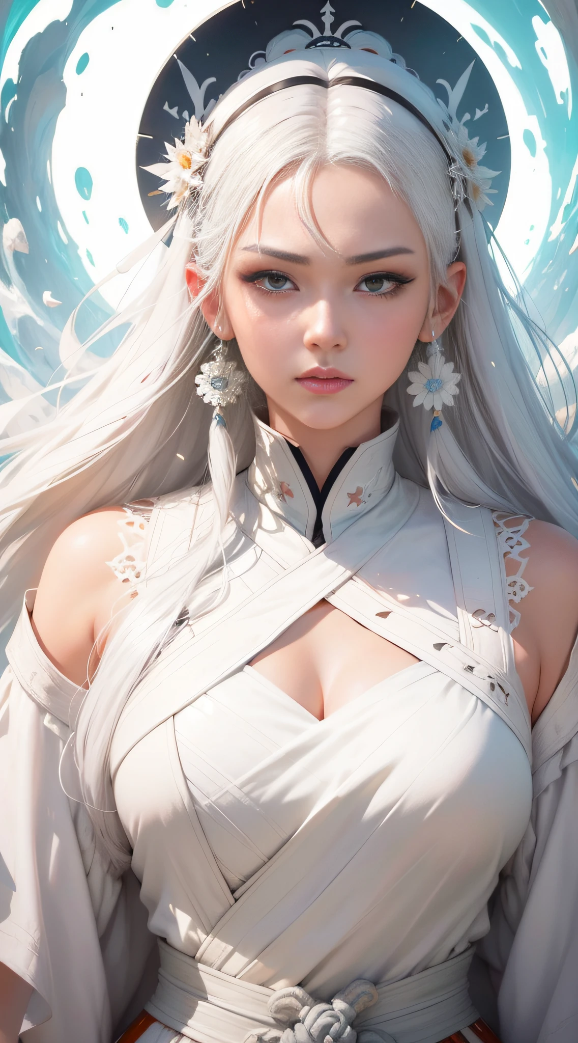 Close-up of a woman with white hair and a white mask，Belle peinture de personnage，Guviz，Guviz-style artwork，white-haired god，Yang J，Epic and beautiful character art，Stunning character art，FAN Qi，Wu Zhun Shifan，Guvitz at the Pixiv Art Station,dynamic action,dyna,（low  angle shot:1.2）