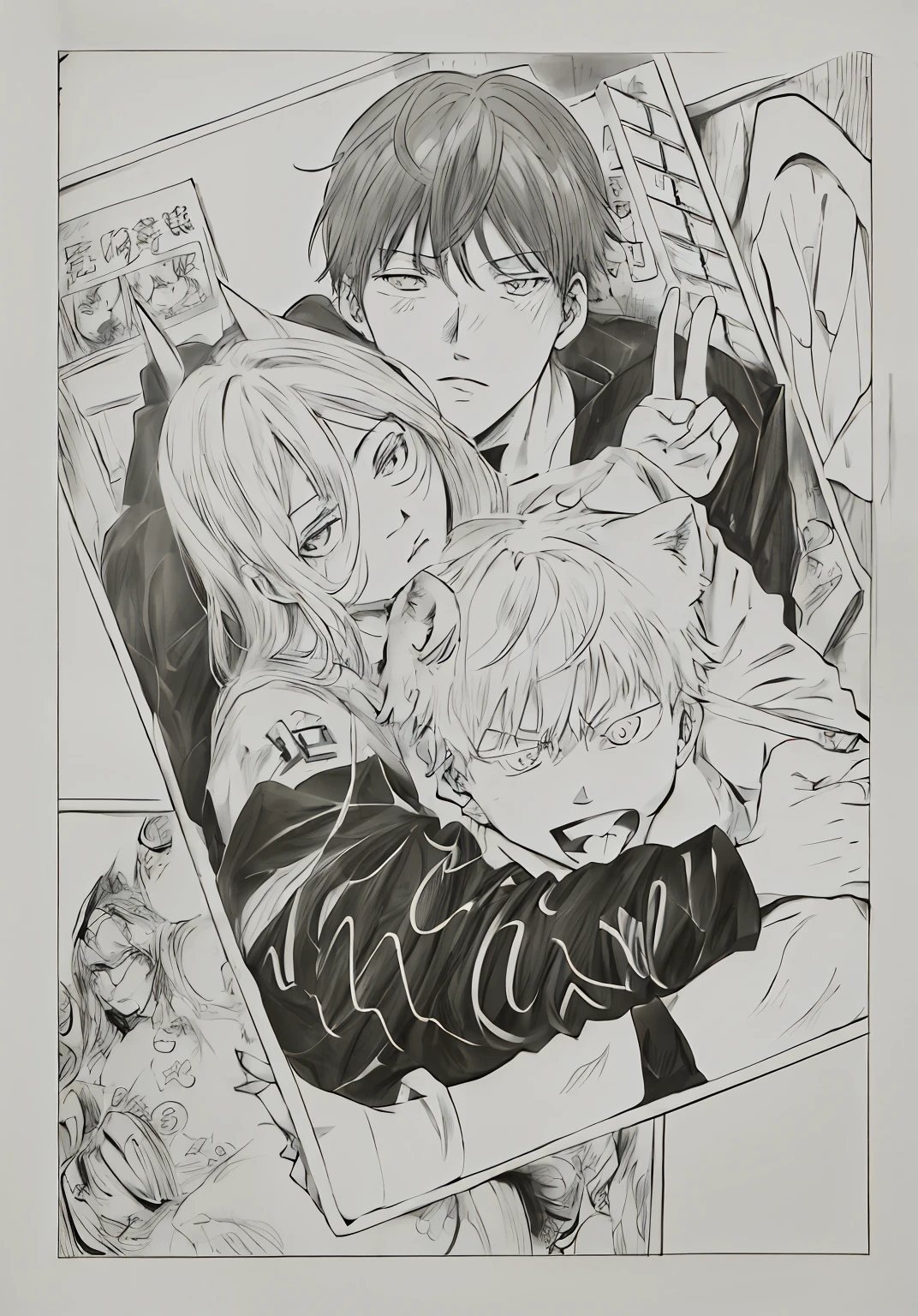 Anime characters cuddle with cats in manga, pencil and ink manga drawing, black and white manga page, pencil and ink manga, monochrome artwork!!, black and white manga panel, extremely fine ink lineart, manga scans, ink manga drawing, intricate manga drawing, Comic cover style, comic drawing, Color author:Middle Bokuhn, highly detailed exquisite fanart