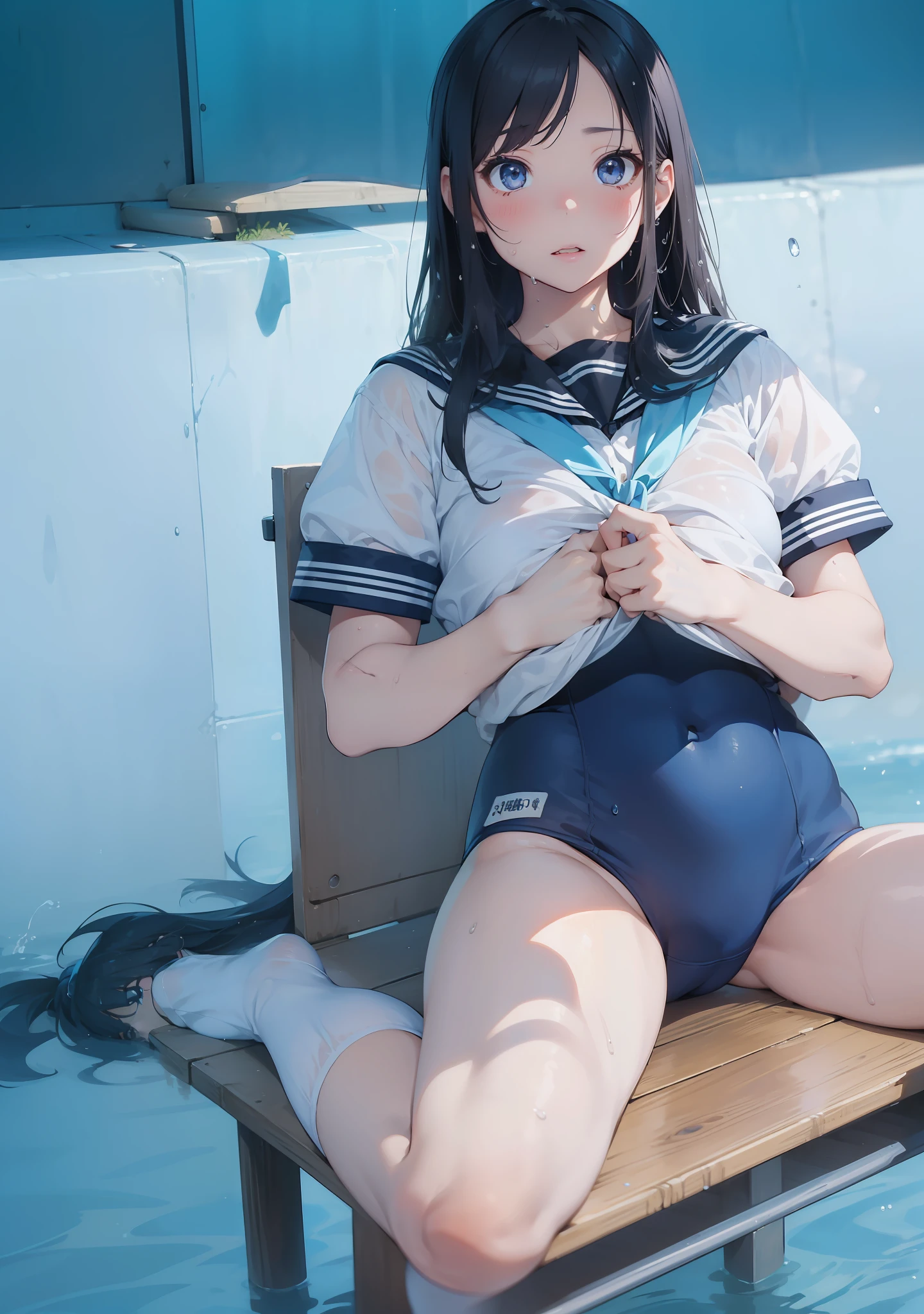 ((top-quality))、((masterpiece))、1girl in、Formal-up、beautiful detailed eyes and face、pretty skin、a very cute、22year old、School swim wear(darkblue、Simple design、Matte texture、Wrinkle、Polyester material、Nero、shadings、)Wet body、Anime Face、Beautie、Facing the front、big eye(Beautiful fece、Anime Face、Clear eyes、Fine details、Beautiful eyes)Well-formed face(Beautiful nasal muscles、Perplexed、sharp mouth)full of sweat、sodden、Wet feeling、Background with(sunny sky、takeout)、8K picture quality、perfectly proportions、A slender、red blush、female focus on, hair adornments,length hair, Look at viewers,