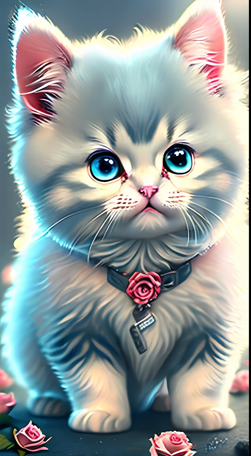 In this ultra-detailed CG art、cute kittens surrounded by ethereal roses、laught、best qualtiy、hight resolution、intricate detailes、Fantasia、cute animal、Opens mouth and laughs、roundly eyes、Fluffy body hair