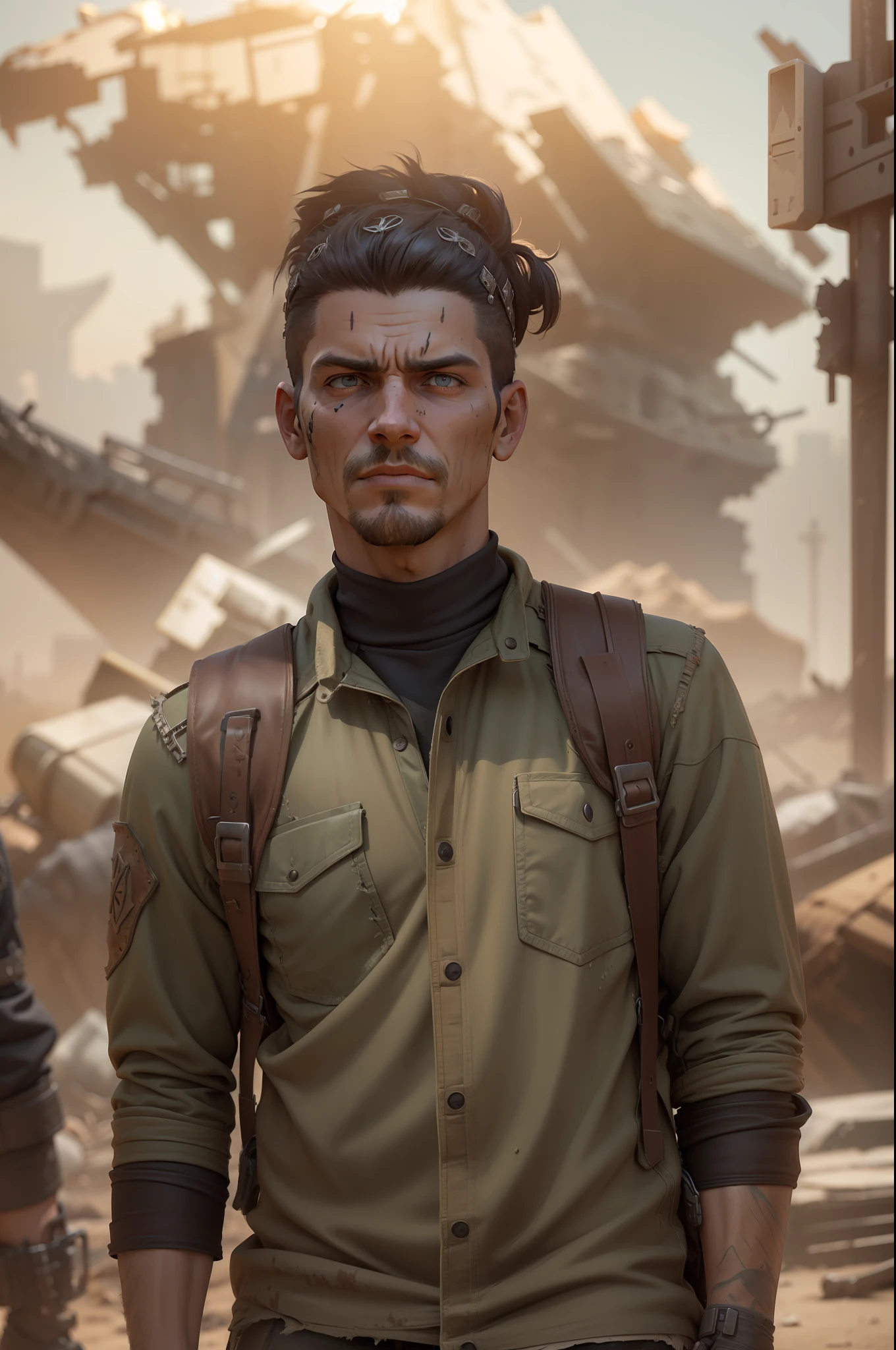 A Wasteland Punk stands amidst a wasteland engulfed in swirling dust storms. The camera zooms in on the man, capturing the intensity in his eyes as he gazes into the distance. The details of his weathered clothing and improvised armor become clearer with each zoom, revealing a patchwork of materials stitched together. As the zoom reaches its peak, the focus shifts to his hands, which hold a salvaged weapon, showcasing the character's resourcefulness and survival skills. The prompt is realized in a 3D sculpture style, using a combination of modeling and texturing techniques to bring the character and environment to life.