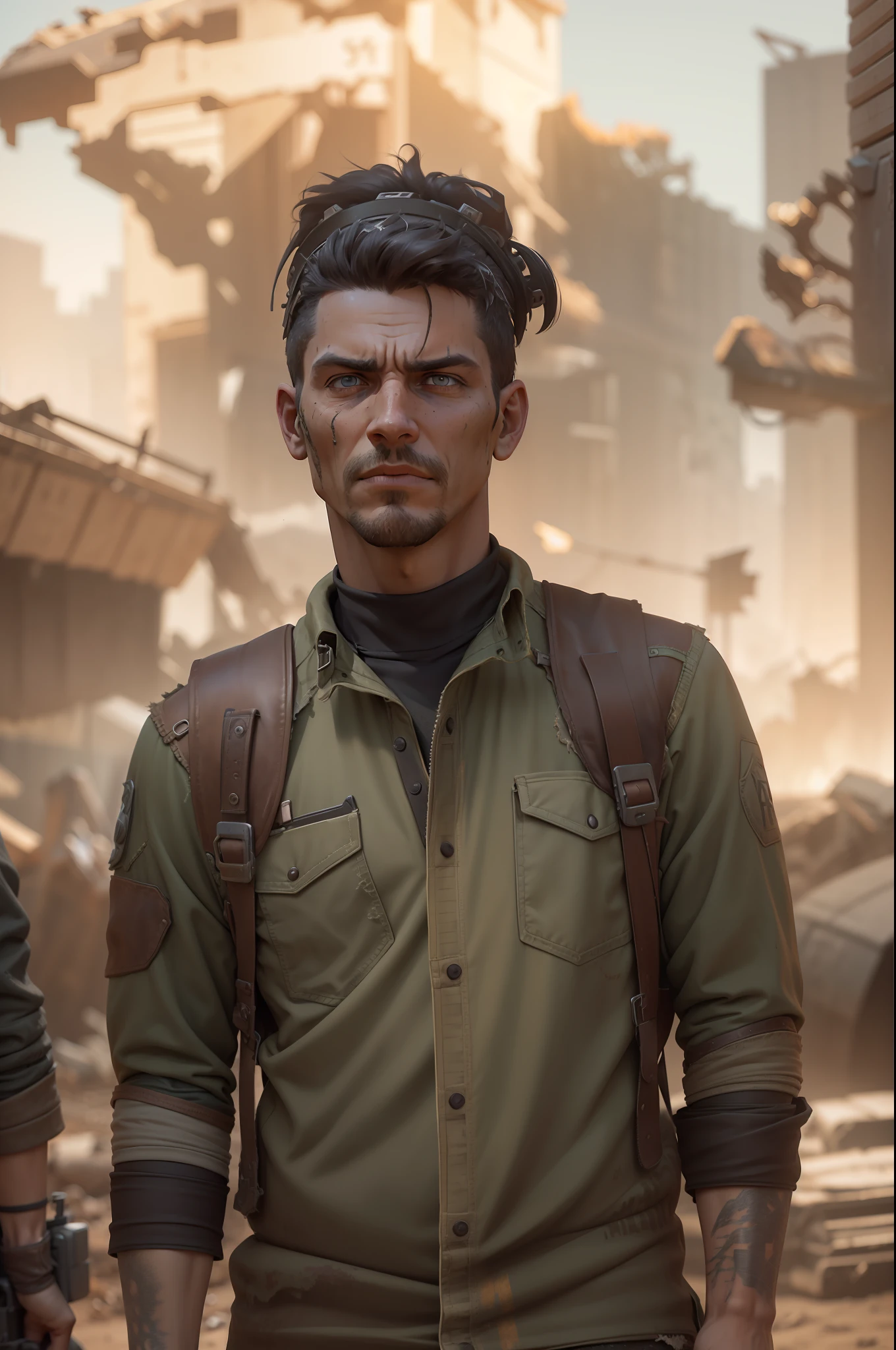 A Wasteland Punk stands amidst a wasteland engulfed in swirling dust storms. The camera zooms in on the man, capturing the intensity in his eyes as he gazes into the distance. The details of his weathered clothing and improvised armor become clearer with each zoom, revealing a patchwork of materials stitched together. As the zoom reaches its peak, the focus shifts to his hands, which hold a salvaged weapon, showcasing the character's resourcefulness and survival skills. The prompt is realized in a 3D sculpture style, using a combination of modeling and texturing techniques to bring the character and environment to life.
