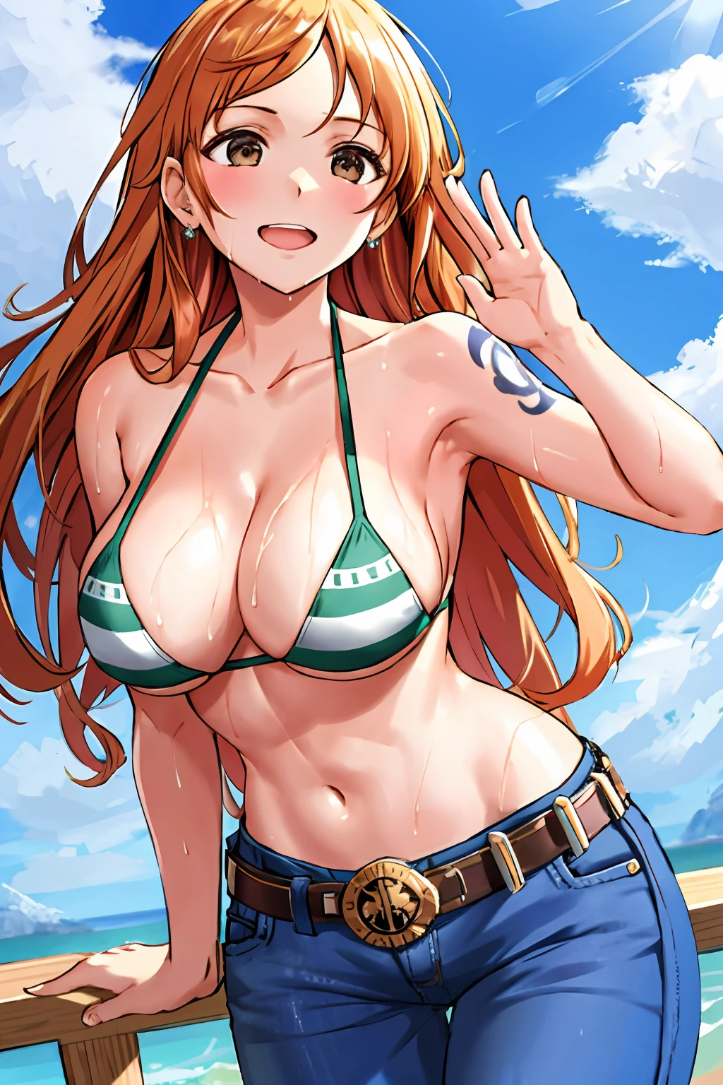 detailed background, masterpiece, 4k, best quality, late youth, adult, wrestler body, 1girl, active, energic, uppercut, (large mouth) , solo, nami \(one piece\), 1girl, bangle, (very wet, drenched in sweat, sweat all over body, very wet hair, tired, taking breath, open mouth, hand on stomach, sweaty face, sweaty body, panting, sweating too much, shiny sweat, sweat stains, leaning forward, tilting, hands on knees, waving good bye), perfect detailed face, bold drawing lines, muscular arms, detailed bold arm lines, flat jaw, adult woman, wavy wide streaked bangs, floating bang streaks, (big cheeks), bare shoulders, off-shoulders, belt, bikini, bikini top only, blue sky, bracelet, springy breasts, breast lines, big round eyes, plain big brown shiny eyes, bubbles, high eye position, cleavage, cloud, day, denim, earrings, floating hair, shiny hair, green belt, green bikini, bold groin lines, jeans, jewelry, large breasts, log pose, long hair, looking at viewer, navel, wet hair, orange hair, pants, shoulder tattoo, sidelocks, sky, solo, standing, stomach, swimsuit, tattoo , looking at viewer, open mouth, detailed left arm, big forehead, hourglass figure, small head, toned body, wide hair, wind effect, sun effect, under the sun, narrow small ears angle, older, random poses,