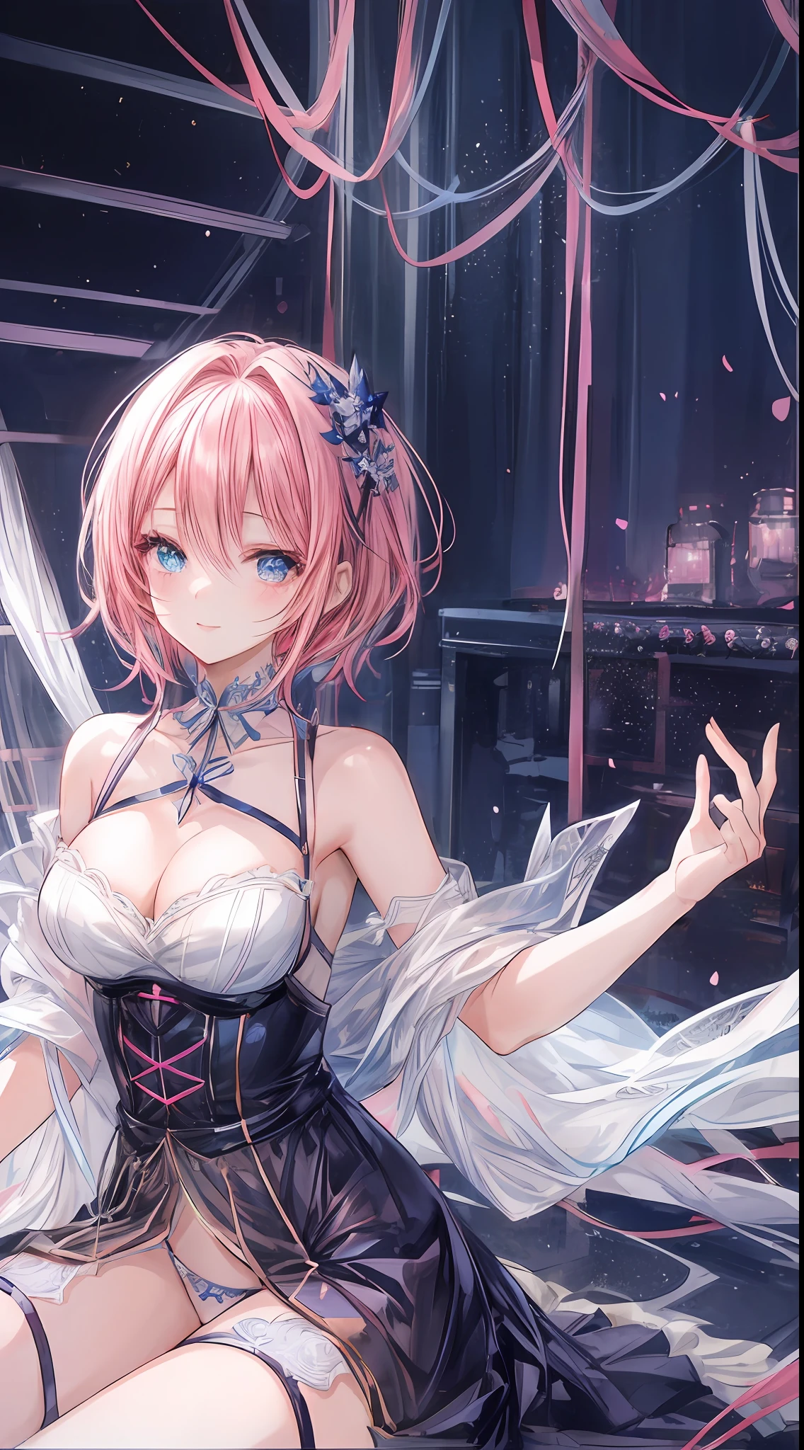 (A beautiful anime girl with short, vibrant pink hair and captivating blue eyes, sitting gracefully. She is wearing lingerie, radiating elegance and charm. Her smile brightens up the room, complementing her fair and flawless complexion.)