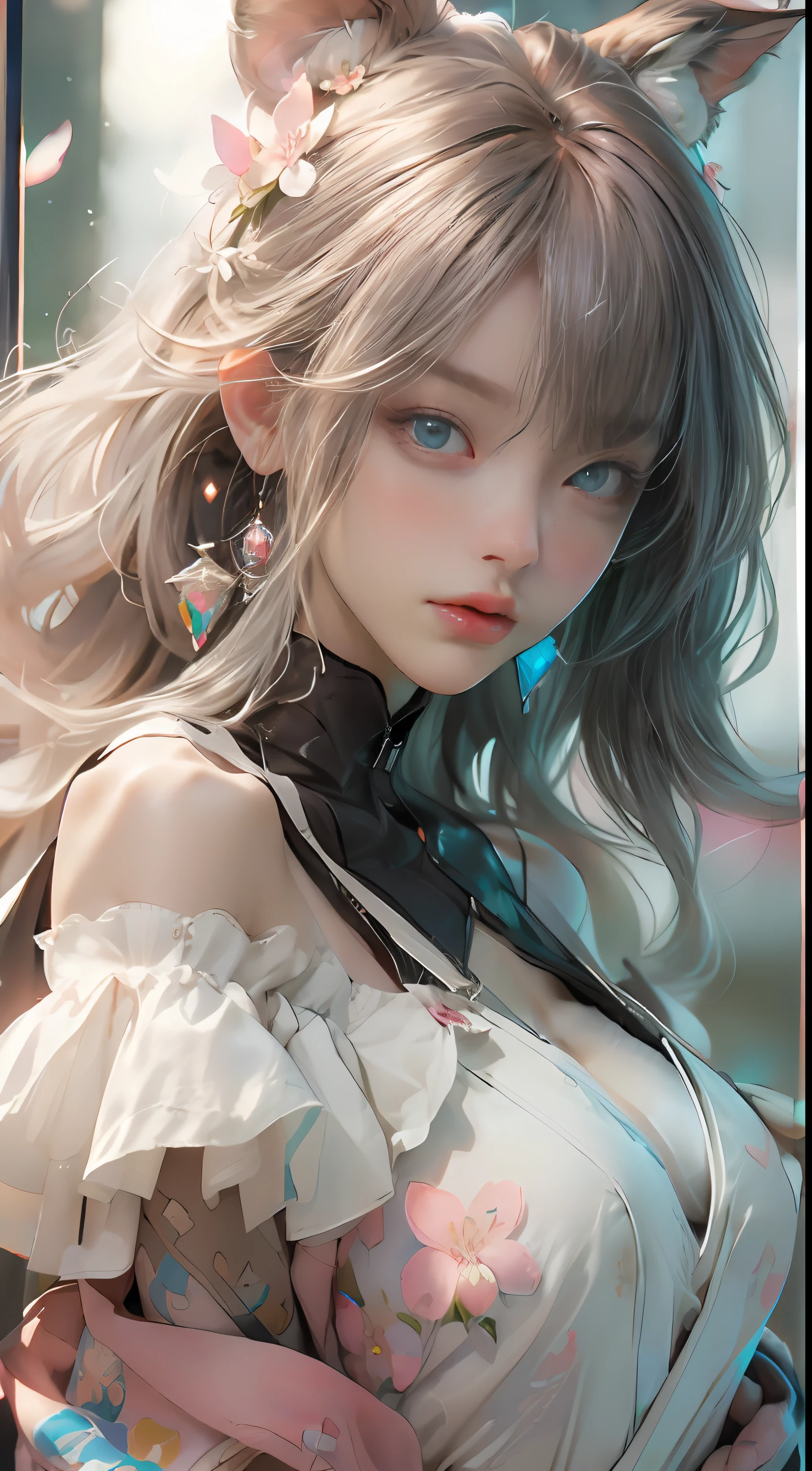 ((best qualtiy)), ((tmasterpiece)), (detail:1.4), Beautiful cyberpunk female images,hdr(HighDynamicRange),Ray traching,NVIDIA RTX,Hyper-Resolution,illusory 5,sub surface scattering,PBR textures,post-proces,Anisotropy Filtering,depth of fields,maximum definition and sharpness,Many-Layer Textures,Albedo e mapas Speculares,Surface coloring,Mitsu-Accurate simulation of material interactions,perfectly proportioned,rendering by octane,Two-colored light,largeaperture,Low ISO,White balance,Rule three points、8K raw data、Beautiful bright blue pupils,off-the-shoulder clothes,Fine pupils,Delicate face and eyes,long eyelasher,Blushlush,Delicate and fluffy hair,pink lip,Pure,Cute face,Sweet girl,Artistic sense,Casual wear,Advancedsense,butterflys,Cherry blossom petal,Beautiful hair accessories,Long hair and waist,Hair fluttering in the wind,Snow-white fox ears,curlies,Lots of white and pink,Complicated details