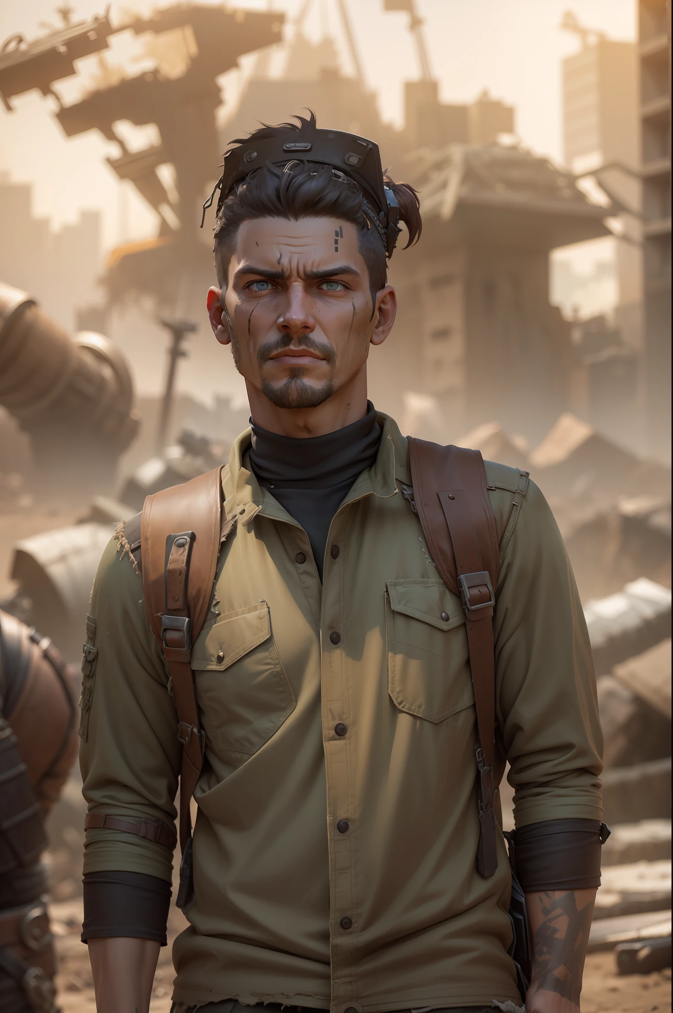 A Wasteland Punk stands amidst a wasteland engulfed in swirling dust storms. The camera zooms in on the man, capturing the intensity in his eyes as he gazes into the distance. The details of his weathered clothing and improvised armor become clearer with each zoom, revealing a patchwork of materials stitched together. As the zoom reaches its peak, the focus shifts to his hands, which hold a salvaged weapon, showcasing the character's resourcefulness and survival skills. The prompt is realized in a 3D sculpture style, using a combination of modeling and texturing techniques to bring the character and environment to life.