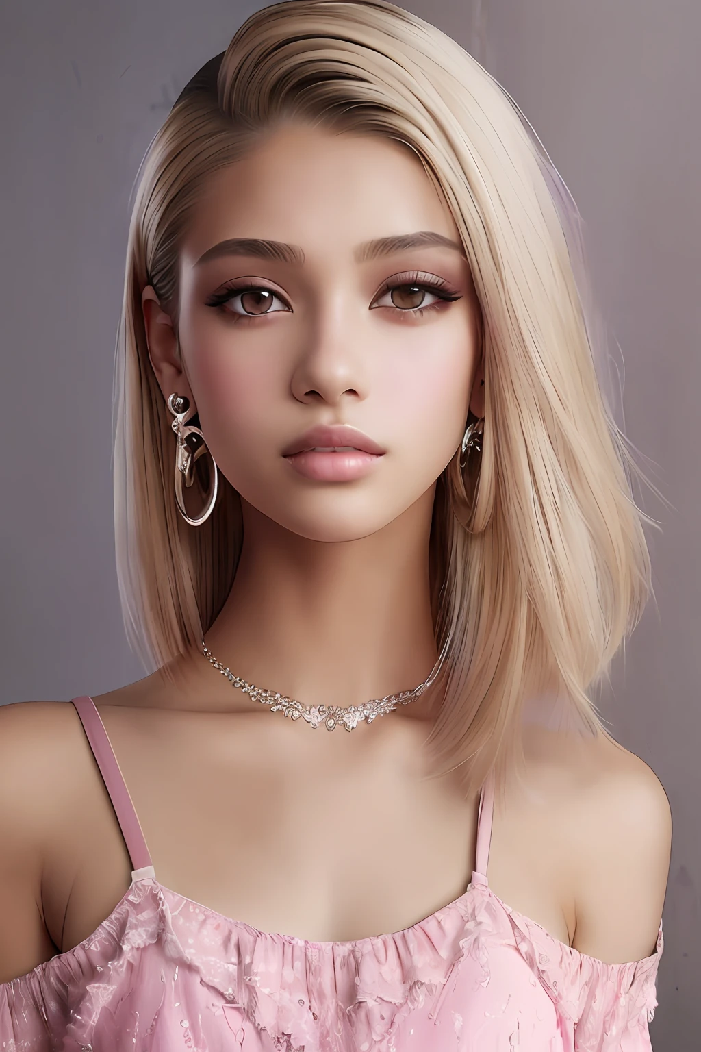 beautiful girl, brown_eyes, ((beautiful slim teenage girl 18 year old, hair color [Dirty blonde hair], [undercut pixie] hair)), earrings, lips, realistic, narrow waist, charming, pink lipstick, colorful makeup, long eyelashes, earrings, wearing eyeliner, fair skin, (cute), (detailed face), detailed eyes, detailed iris