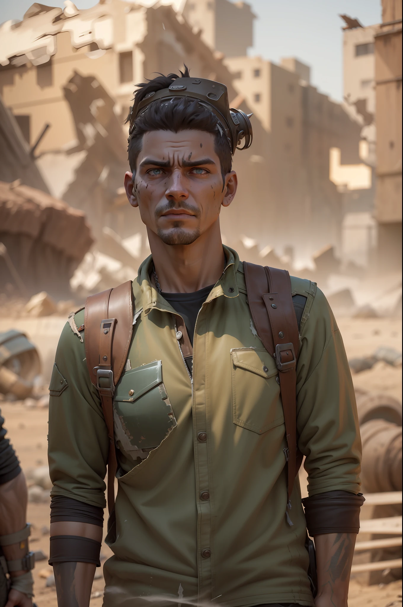 A Wasteland Punk stands amidst a wasteland engulfed in swirling dust storms. The camera zooms in on the man, capturing the intensity in his eyes as he gazes into the distance. The details of his weathered clothing and improvised armor become clearer with each zoom, revealing a patchwork of materials stitched together. As the zoom reaches its peak, the focus shifts to his hands, which hold a salvaged weapon, showcasing the character's resourcefulness and survival skills. The prompt is realized in a 3D sculpture style, using a combination of modeling and texturing techniques to bring the character and environment to life.
