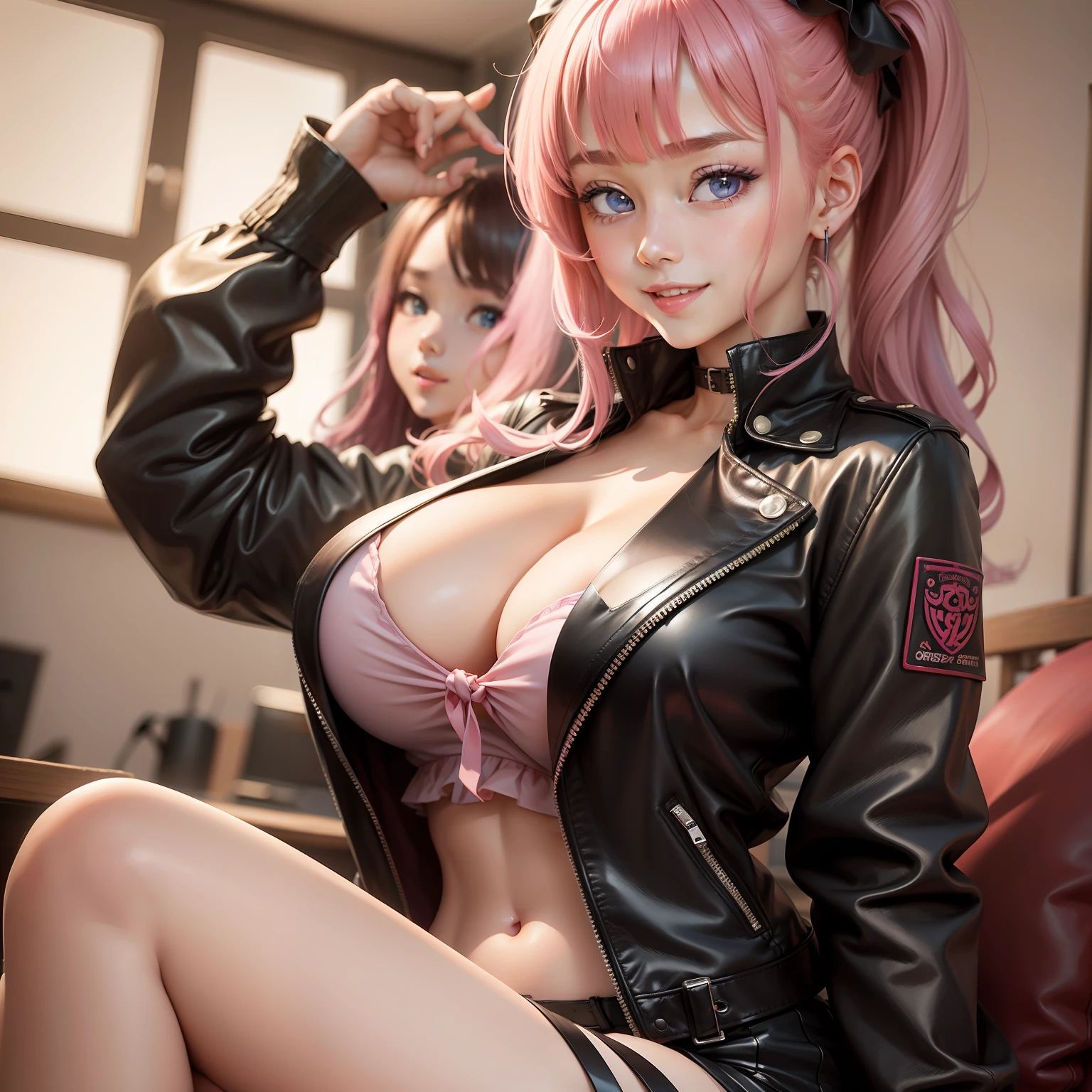 harems Multiple girls top-quality masterpiece 超A high resolution Pink hair 校服 blazers huge tit a smile blue eyess beautiful a girl leather jackets