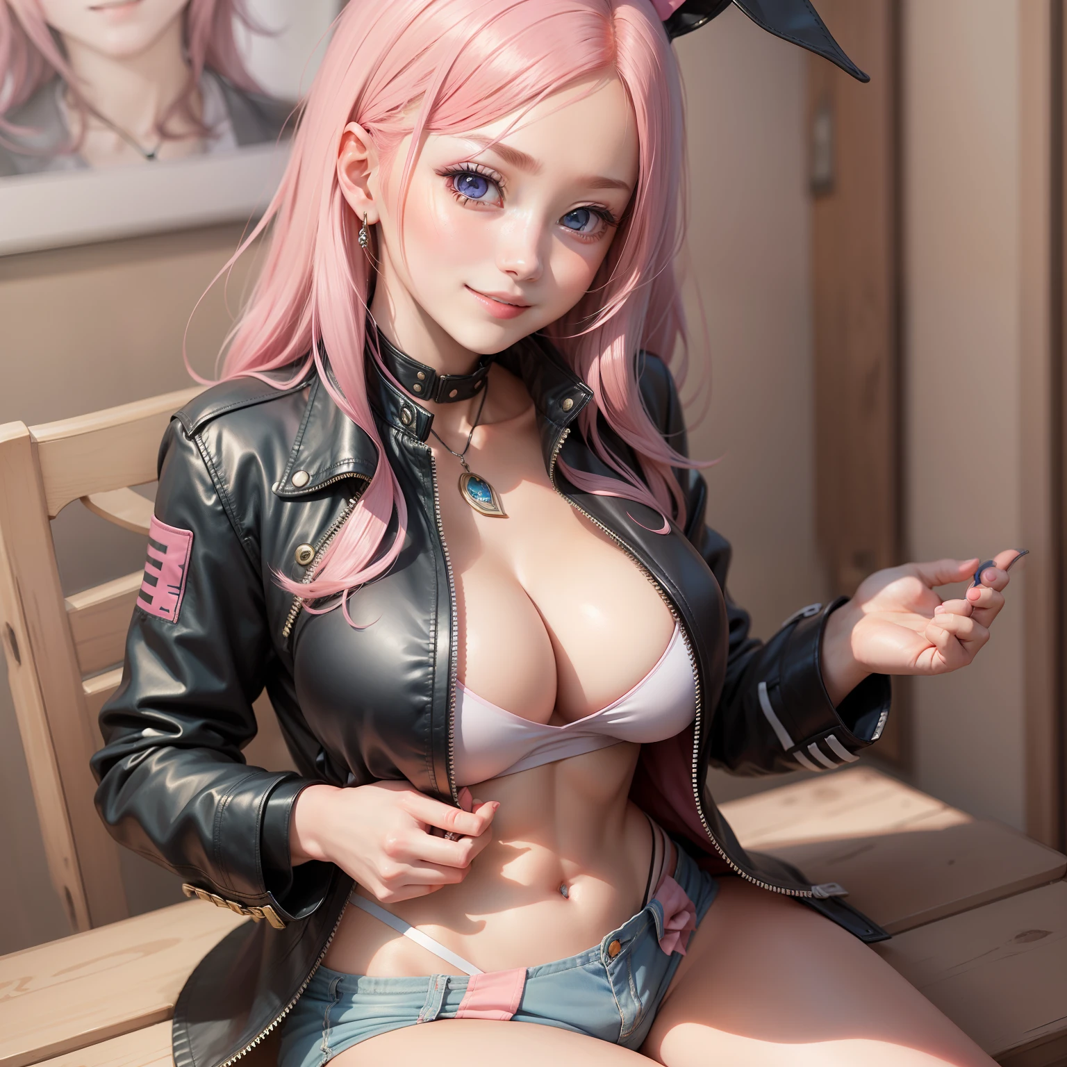 harems　Multiple girls　top-quality　​masterpiece　超A high resolution　Pink hair　校服　blazers　huge tit　a smile　blue eyess　beautiful a girl　leather jackets