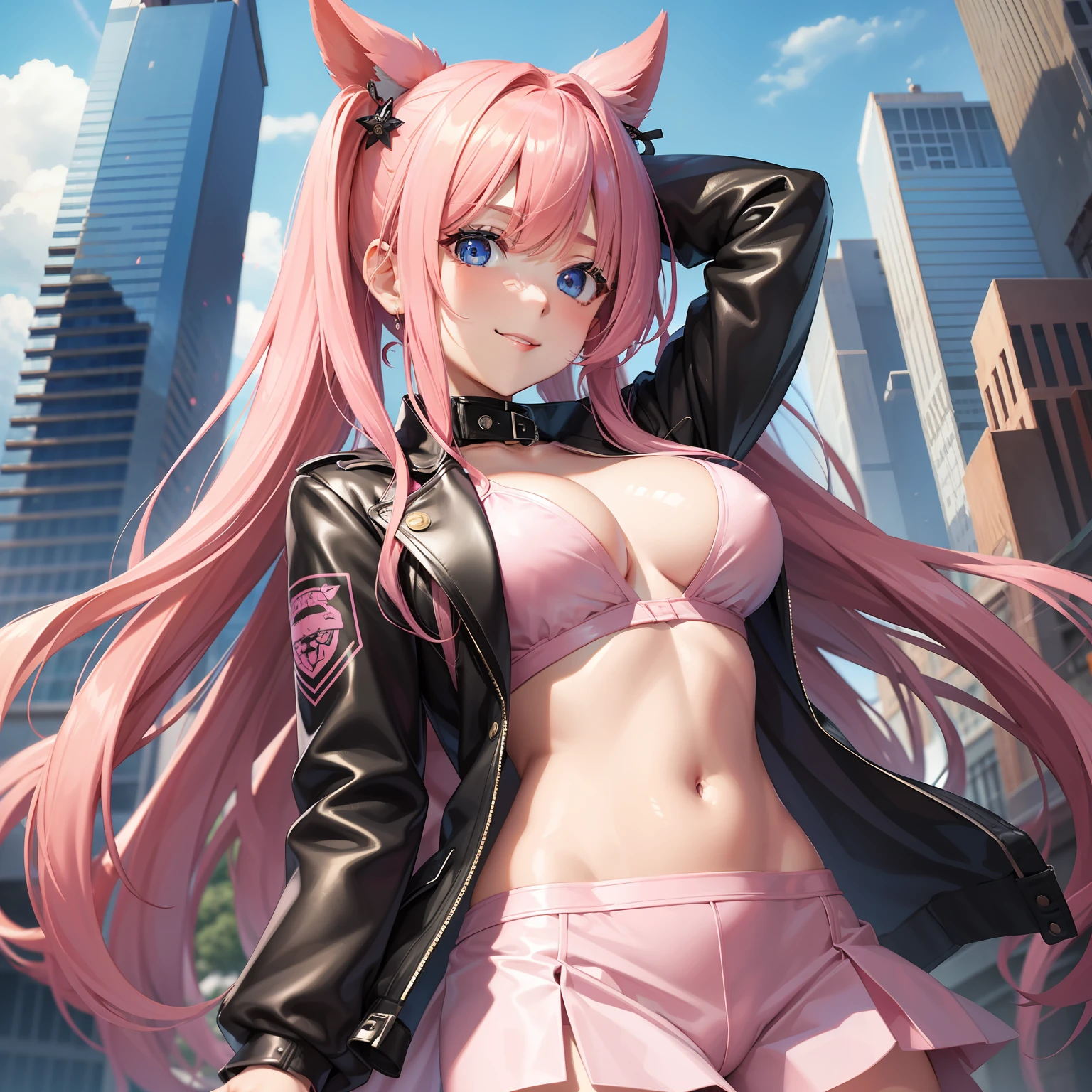 harems　Multiple girls　top-quality　​masterpiece　超A high resolution　Pink hair　校服　blazers　huge tit　Long　a smile　blue eyess　beautiful a girl　leather jackets