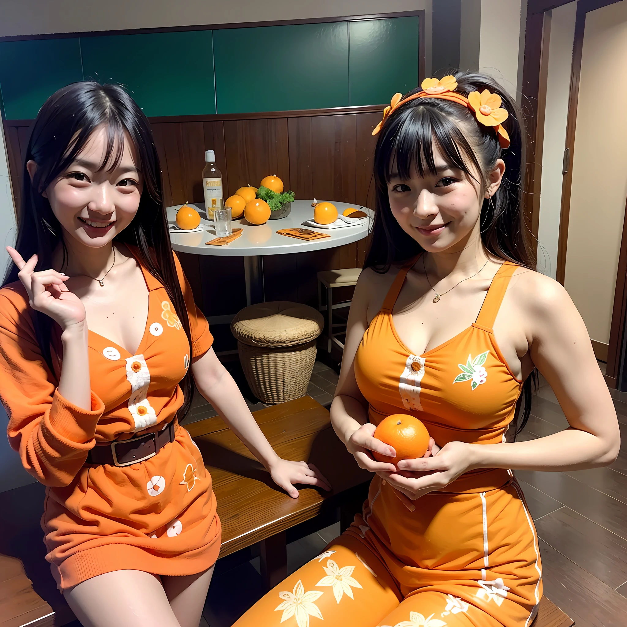 masterpiece、top-quality、realisitic、Photorealsitic、Orange-themed paradise、Teenage Japan woman in cute costume with orange motif、Orange Accessories、Eating oranges、Surrounded by lots of orange slices、Orange plantation、Bright décor、A smile、Joy、dynamic ungle、动态照明