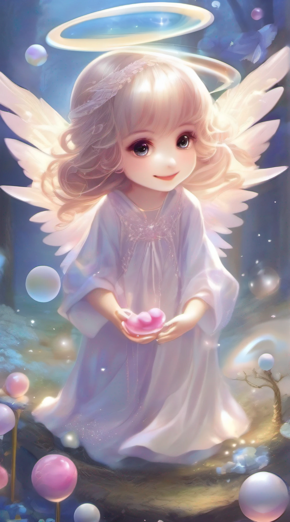 Cute Angel、Cute smile、Rosa、shimmer、beautidful eyes、stele、Happy smile、delight、A delightful、optic、shimmer、glad、kawaii art、Soap bubbles of light