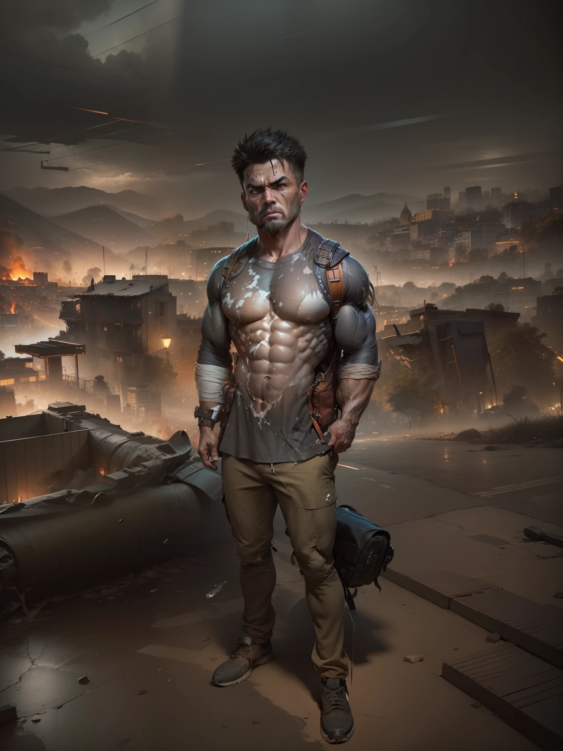strong muscular man, street angry, backpack, epic realistic, photo, faded, complex stuff around, intricate background, soaking wet, neutral colors, ((((hdr)))), ((((muted colors)))), intricate scene, artstation, intricate details, vignette
