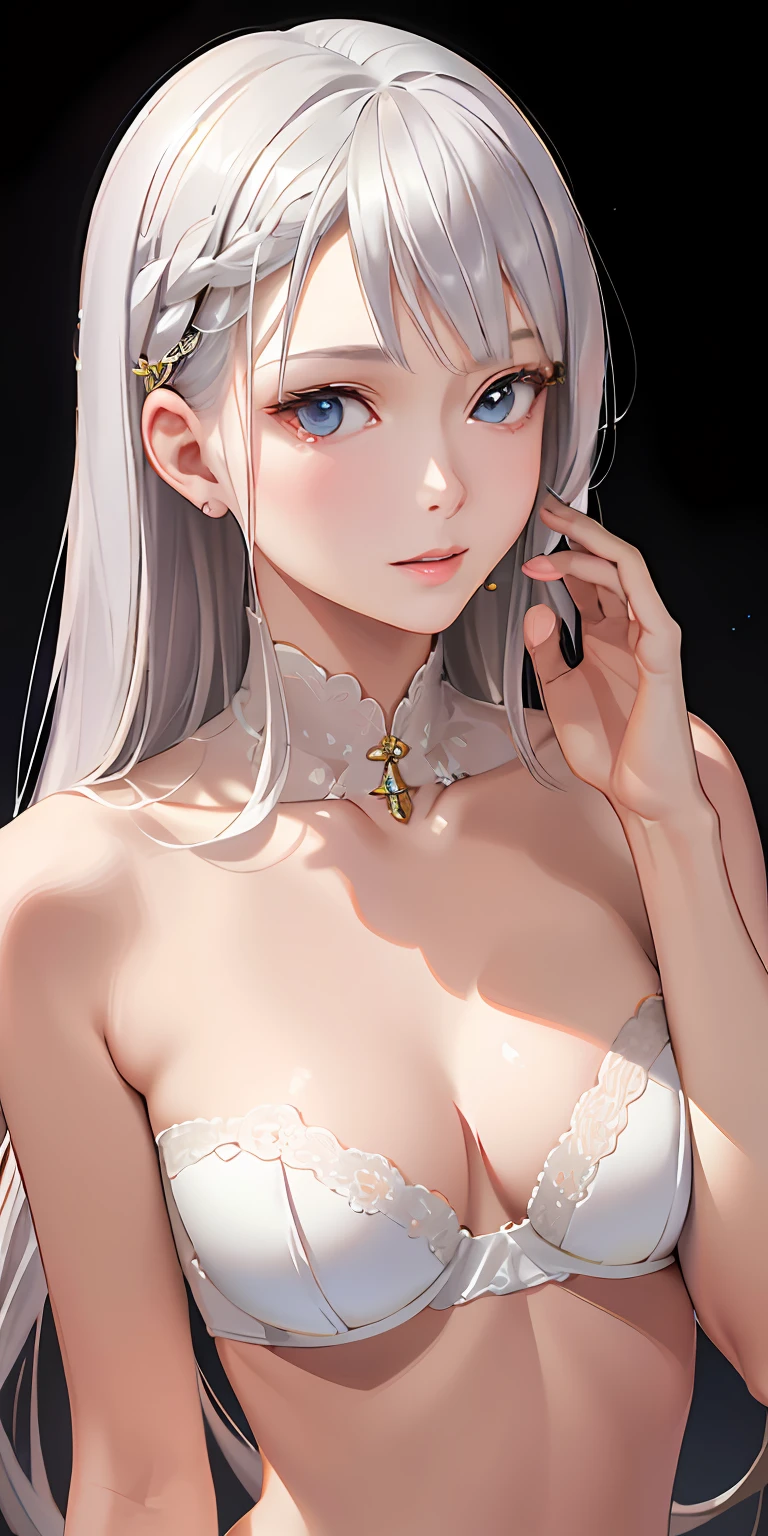 (Photorealistic:1.4), (masutepiece, side lights, finely detailed beautiful eye: 1.2), masutepiece*Portrait, Realistic, 3D Face, Glowing eyes, Shiny hair, Lustrous skin, Solo, embarrassed from, (Midriff), White underwear, Silver Hair,