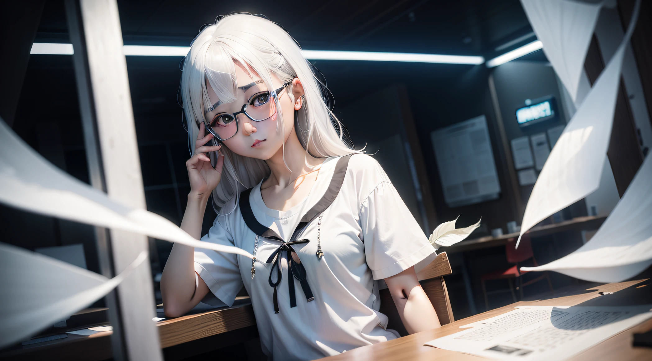 Yuko Ono (Aoi),utmost+photorealestic,eye glass,White color hair,Game hall,the night