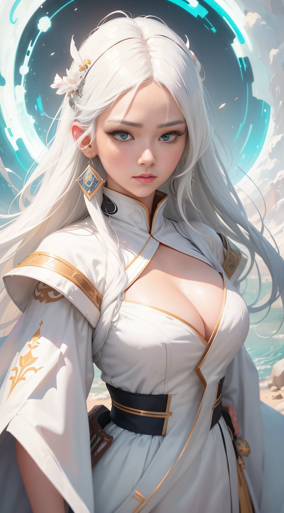 Close-up of a woman with white hair and a white mask,Belle peinture de personnage,Guviz,Guviz-style artwork,white-haired god,Yang J,Epic and beautiful character art,Stunning character art,FAN Qi,Wu Zhun Shifan,Guvitz at the Pixiv Art Station,dynamic action,dyna,low perspective:1.2,