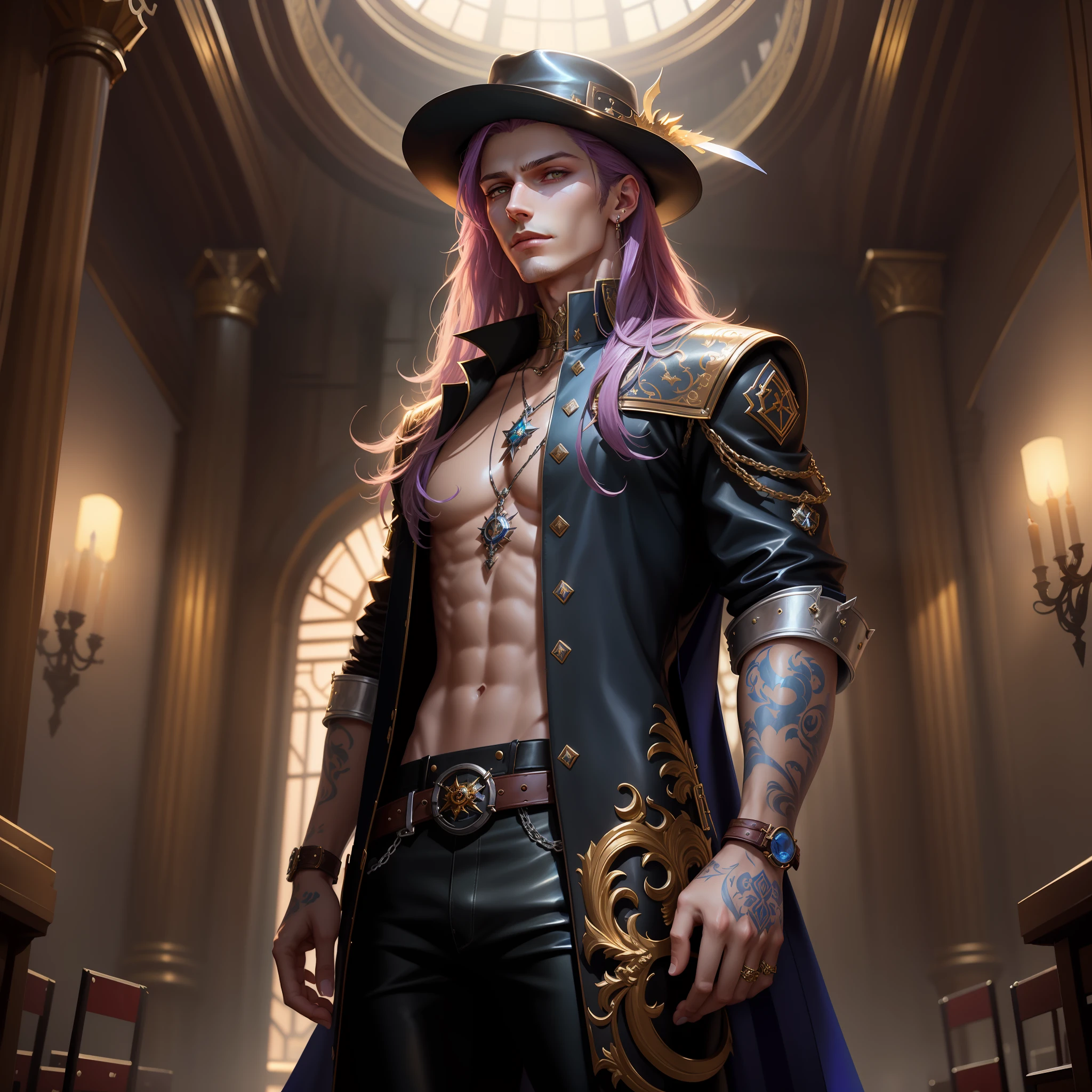 there is a man in a hat and leather pants posing for a picture, skinny male fantasy alchemist, beautiful androgynous prince, fantasy male portrait, neoartcore and charlie bowater, delicate androgynous prince, trendin on artstation, handsome guy in demon slayer art, highly detailed character, stunning character art, epic exquisite character art, picture of a male cleric