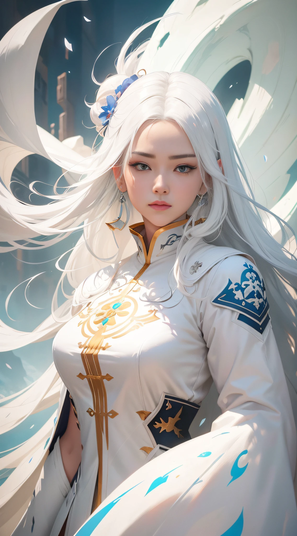 Close-up of a woman with white hair and a white mask，Belle peinture de personnage，Guviz，Guviz-style artwork，white-haired god，Yang J，Epic and beautiful character art，Stunning character art，FAN Qi，Wu Zhun Shifan，Guvitz at the Pixiv Art Station,dynamic action,dyna,（low  angle shot:1.2）
