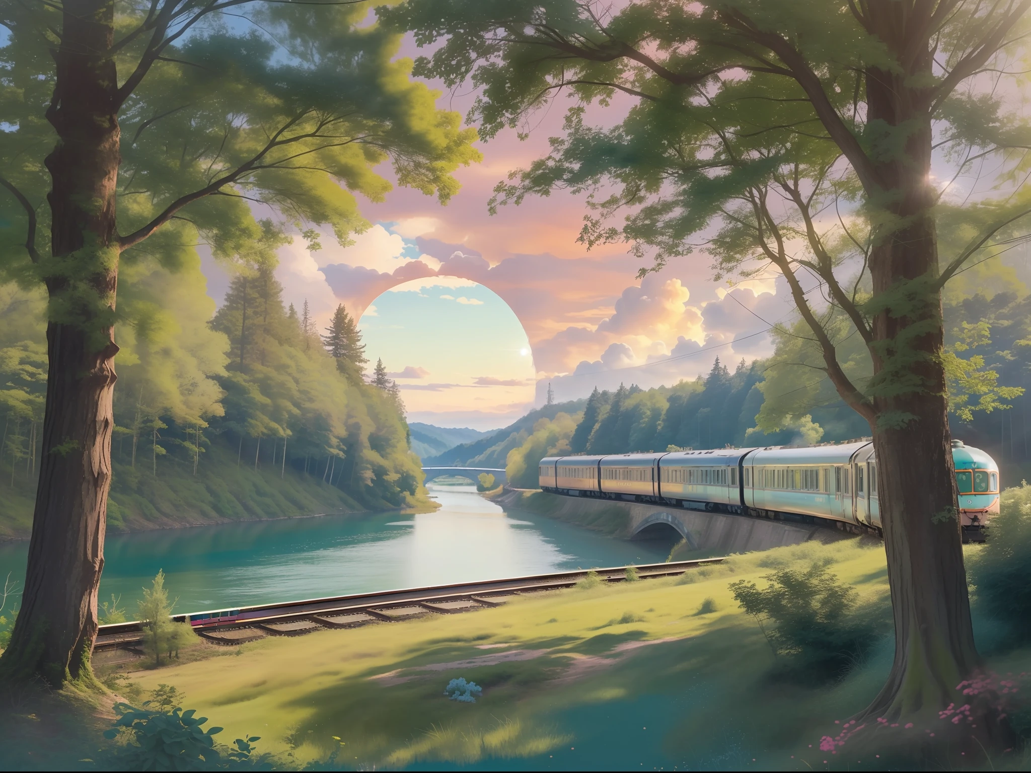 Blue sky and white clouds, a Bridge, forest area, Golden headlight, a train run, passenger train, blue river, pink and green trees, sunshine, city.