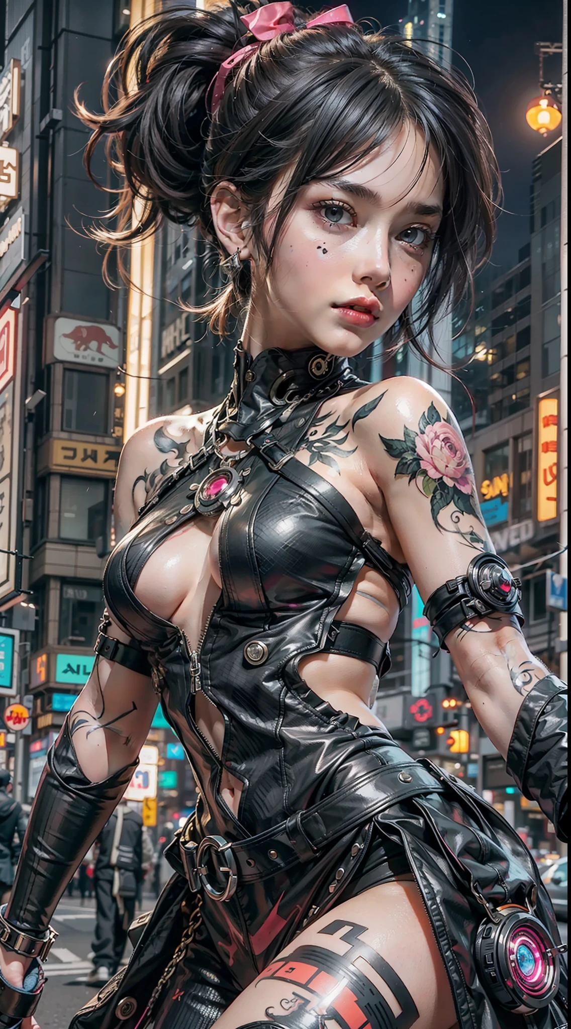 masterpiece, best quality, 1 cyberpunk girl wearing Harajuku-inspired cyberpunk outfit, body tattoo, bold colors and patterns, eye-catching accessories, trendy and innovative hairstyle, dazzling Cyberpunk cityscape, skyscrapers, neon signs, LED lights, bright and vivid color scheme, anime, illustration, detailed skin texture, detailed cloth texture, beautiful detailed face, intricate details, ultra detailed, cinematic lighting, dark shadows.
