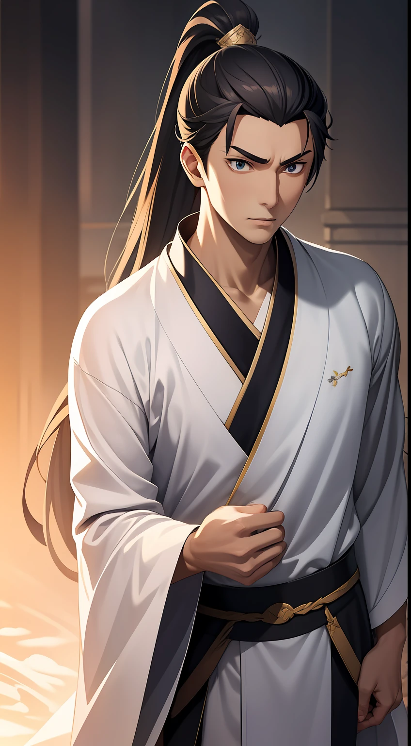 quadratic element,style of anime,mtu(Male Warrior),The proportions are correct,Face details,swordsmen,High ponytail hairstyle,Neck details,There is an Adam's apple,Black Hanfu,kaftan,Embroidered robes,Black robe,clothes details,Handing over,longer sleeves,Game quality,Swordsmanship,Light and shadow tracking,Ray traching,detailed glow,cg render,hair detail,blue long hair,Blue eyes,Handsome,Handsome,(juvenile sense),Clothing is complicated,Perfectcomposition,Refinement,high qulity,higher details,Lots of details,The background is complex,a sense of atmosphere,