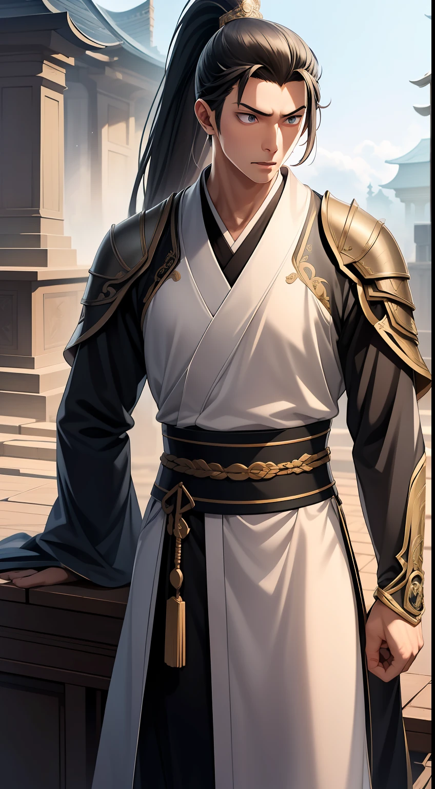 quadratic element，style of anime，mtu（Male Warrior），The proportions are correct，Face details，swordsmen，High ponytail hairstyle，Neck details，There is an Adam's apple，Black Hanfu，kaftan，Embroidered robes，Black robe，clothes details，Handing over，longer sleeves，Game quality，Swordsmanship，Light and shadow tracking，Ray traching，detailed glow，cg render，hair detail，blue long hair，Blue eyes，Handsome，Handsome，（juvenile sense），Clothing is complicated，Perfectcomposition，Refinement，high qulity，higher details，Lots of details，The background is complex，a sense of atmosphere，