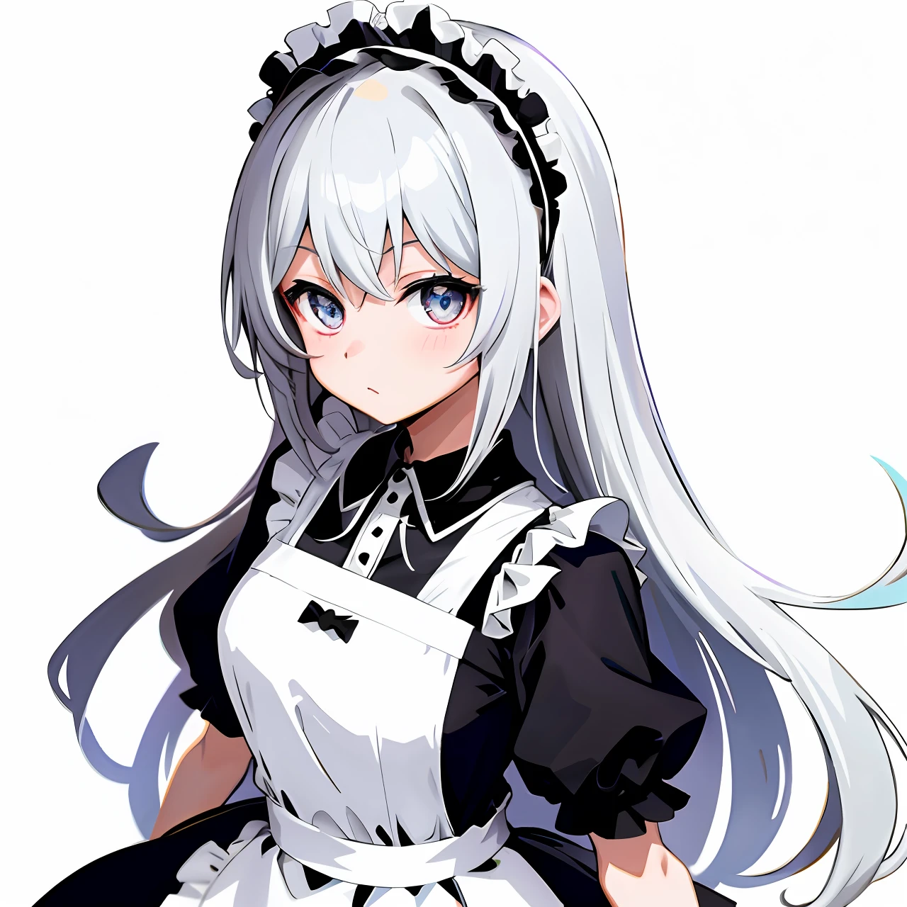 whaite hair、Cute anime girls、Black and white dress、the maid outfit、Dull hair、Moe anime art style