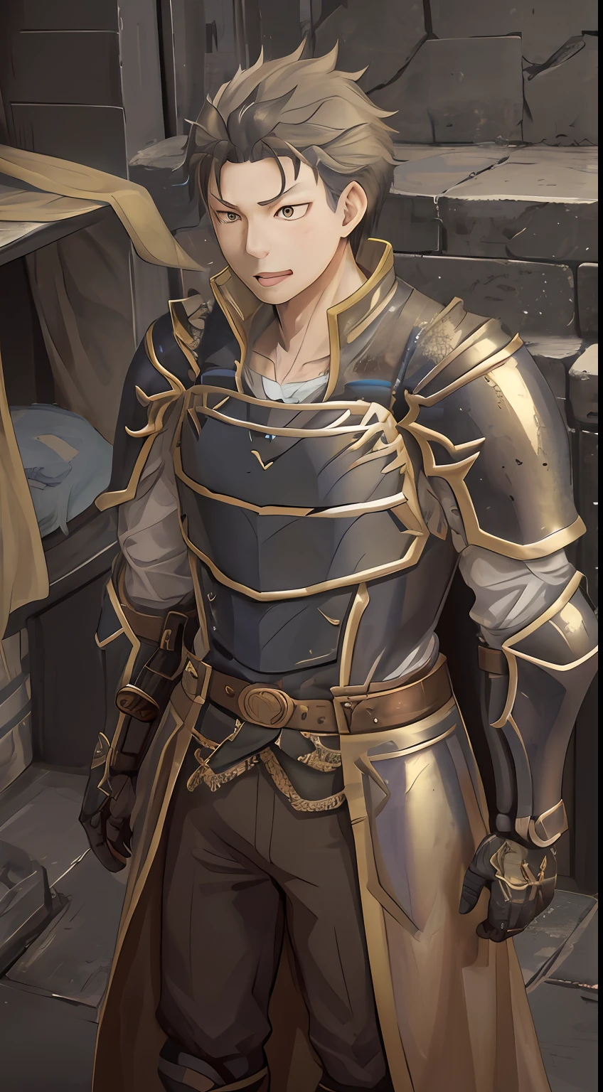(1 Adult male),A high resolution, Sharp focus, Pixiv masterpiece, ((Complicated details)), highly detailed, natsuki_subaru, 1 man, with her mouth open,drools,full bodyesbian, Golden eyes(eyes glowing), with short black hair,Armour,cloaks,Shoulder armor,perspire,look from down